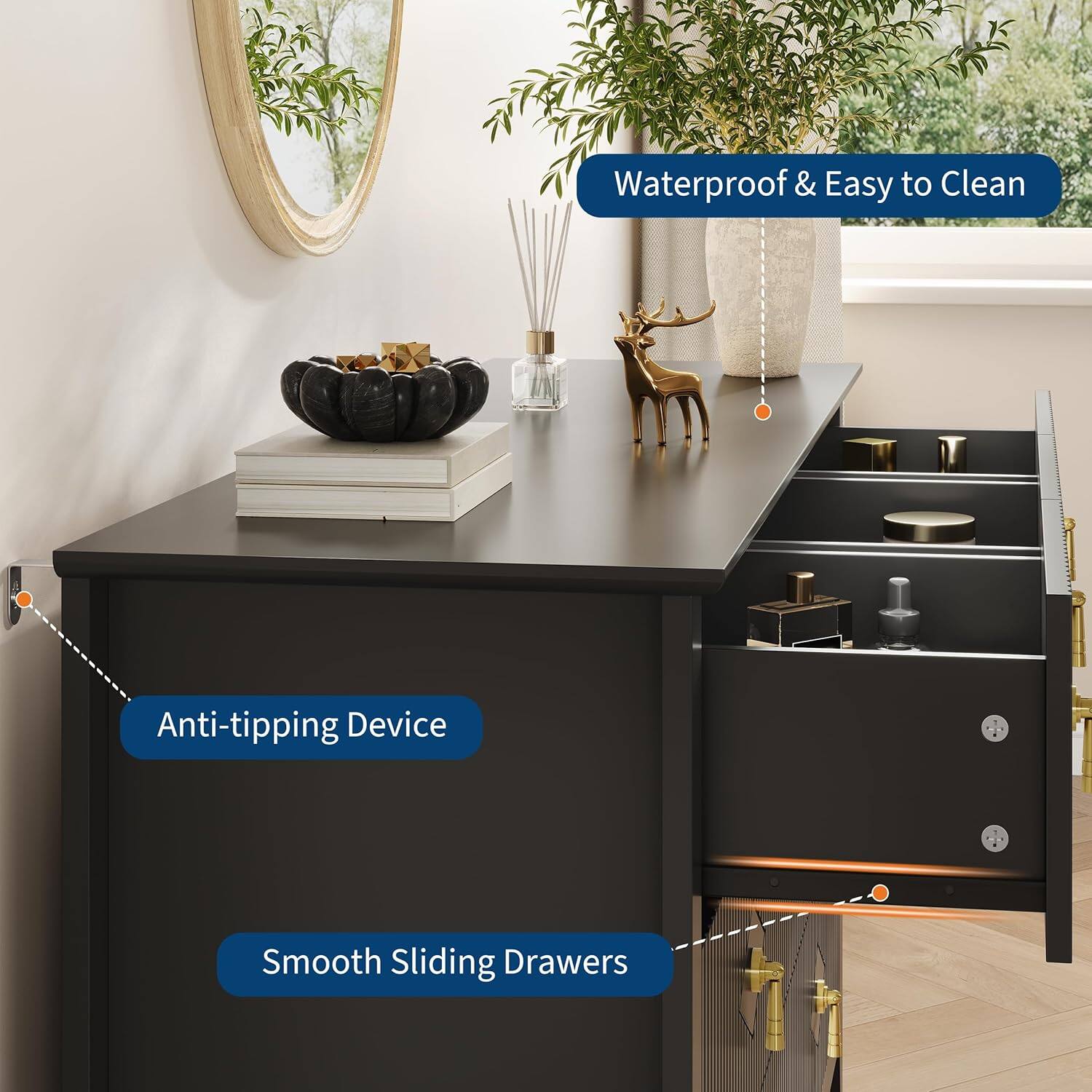 Waterproof & Easy to Clean  
Anti-tipping Device  
Smooth Sliding Drawers