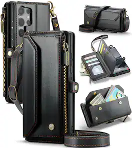 Dteck - Crossbody Wallet Case for Samsung Galaxy S25 Ultra with Card Slots and Zipper Pocket, RFID Blocking PU Leather Cover - Black