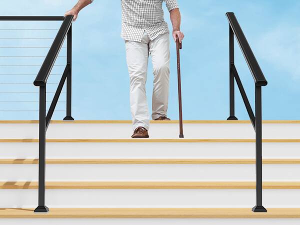 Back. LOVMOR - LOVMOR 2 Pack 5 Step Hand Rails for Outdoor Steps Wrought Iron Railing - Black.