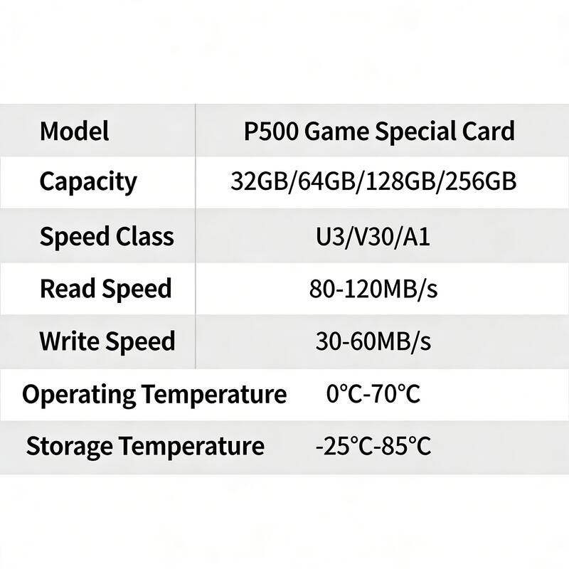 Model: P500 Game Special Card  
Capacity: 32GB/64GB/128GB/256GB  
Speed Class: U3/V30/A1  
Read Speed: 80-120MB/s  
Write Speed: 30-60MB/s  
Operating Temperature: 0°C-70°C  
Storage Temperature: -25°C-85°C