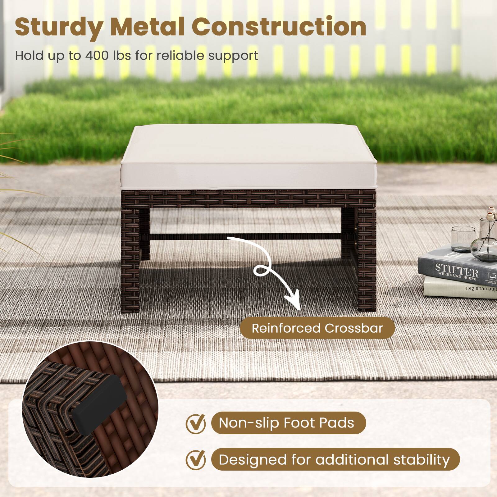 Sturdy Metal Construction  
Hold up to 400 lbs for reliable support  

Reinforced Crossbar  

Non-slip Foot Pads  
Designed for additional stability