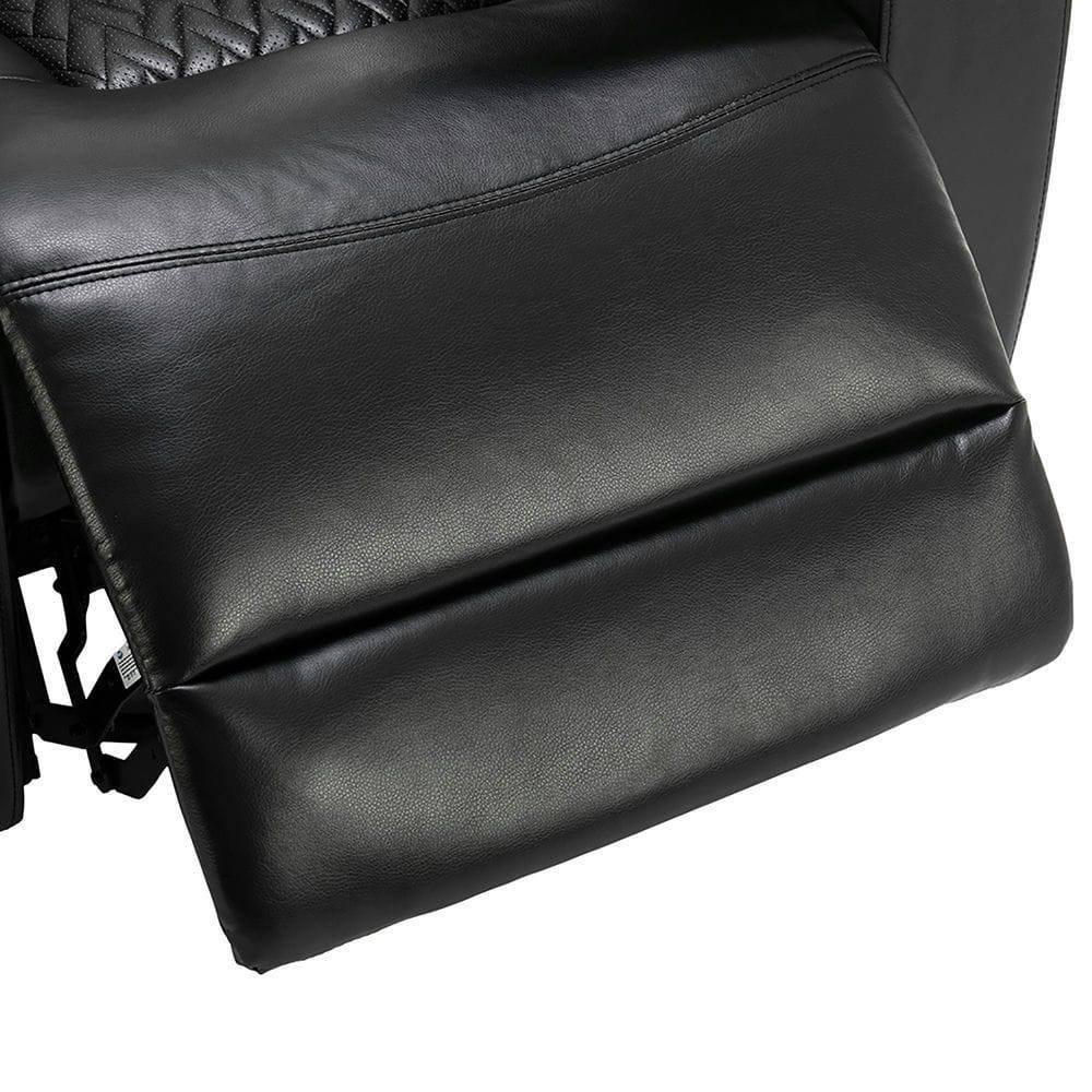 Left. Kadyn - 270° Swivel PU Leather Power Home Theater Recliner with Tray Table, Phone Holder, Cup Holder, USB Port & Arm Storage - Black.