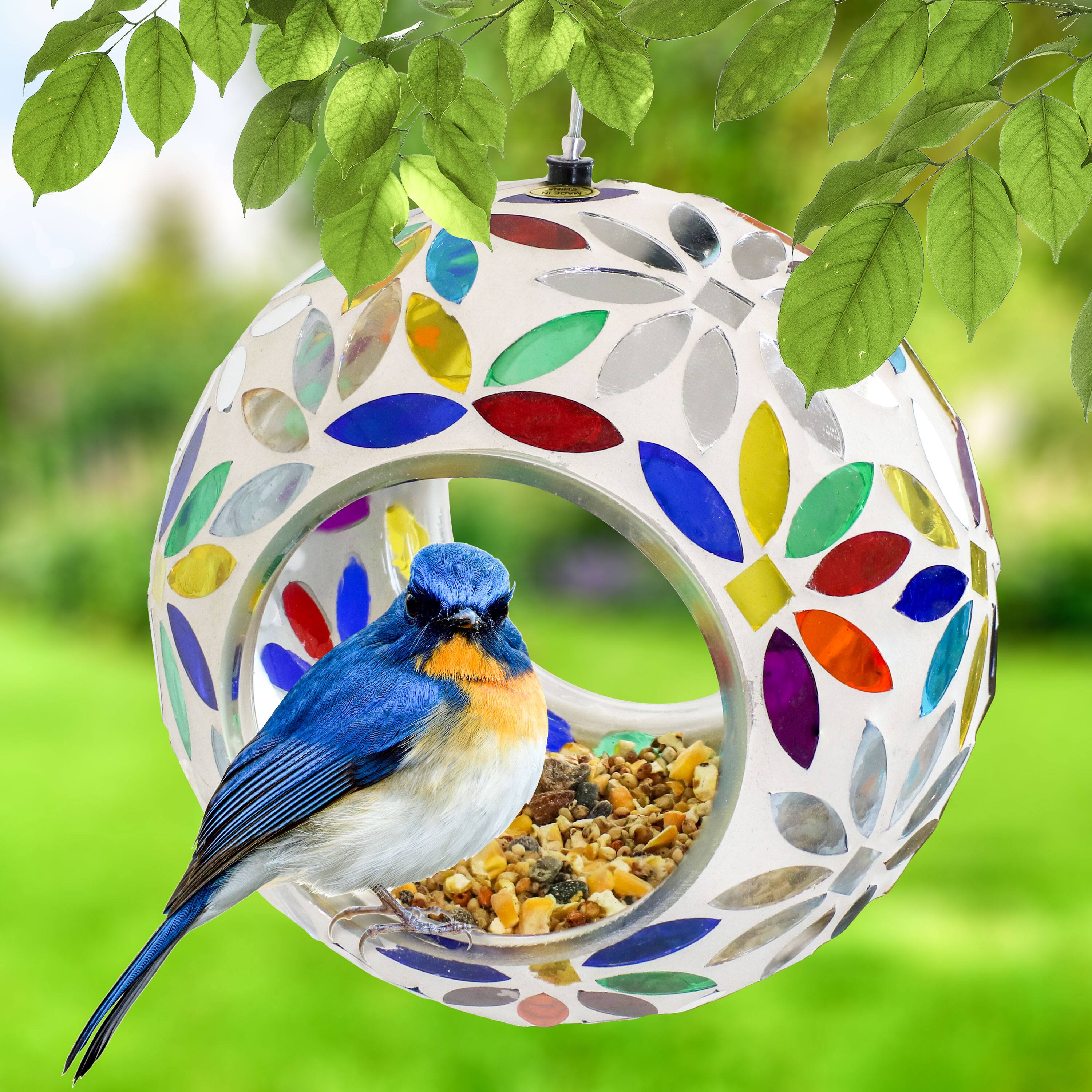 Alt View 7. Sunnydaze - Fly-Through Hanging Bird Feeder - 6 in - Rainbow Daisies Mosaic.