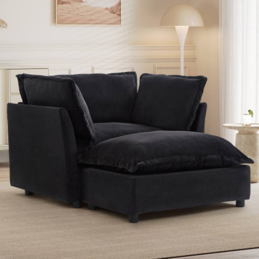 Angle. LUCKY ONE - 47" Modern Armchair Sofa w/ Movable Ottoman Wide Seat Curved Armrests 2 Pillows - Black.