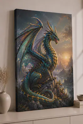 FC Design - Large Azure Valley Dragon Wall Art Canvas Print 24x36" Mystic Canyon Fantasy Painting for Home Decor - MultiColor