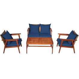 Kadyn - 4 Piece Acacia Wood Patio Rattan Furniture Set, Outdoor Furniture Garden Conversation Sets-Brown - Blue