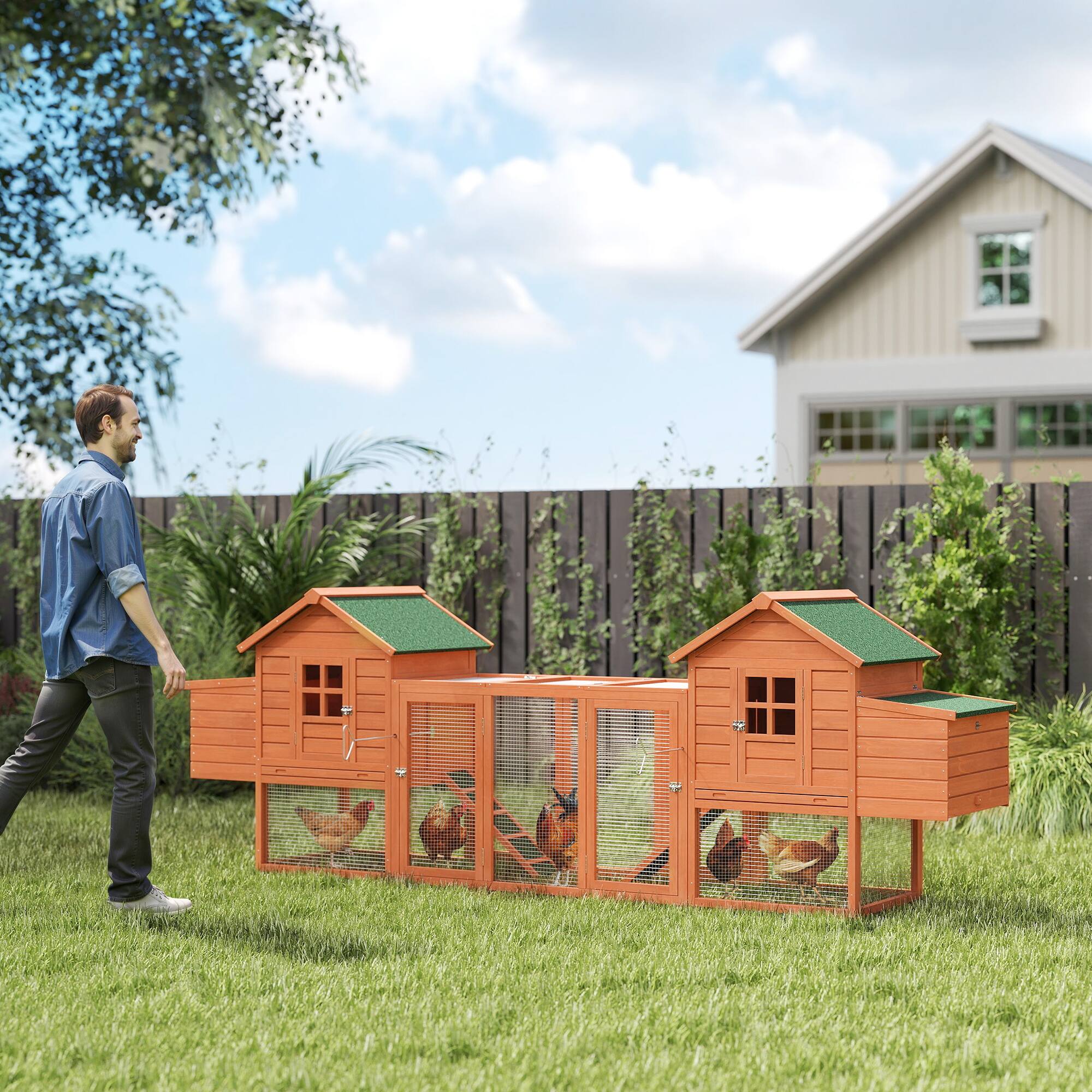 Angle. Pawhut - Dual Wooden Chicken Coop with Garden Bed, Nesting Boxes, Removable Trays, Ramps Run, Garden Backyard.
