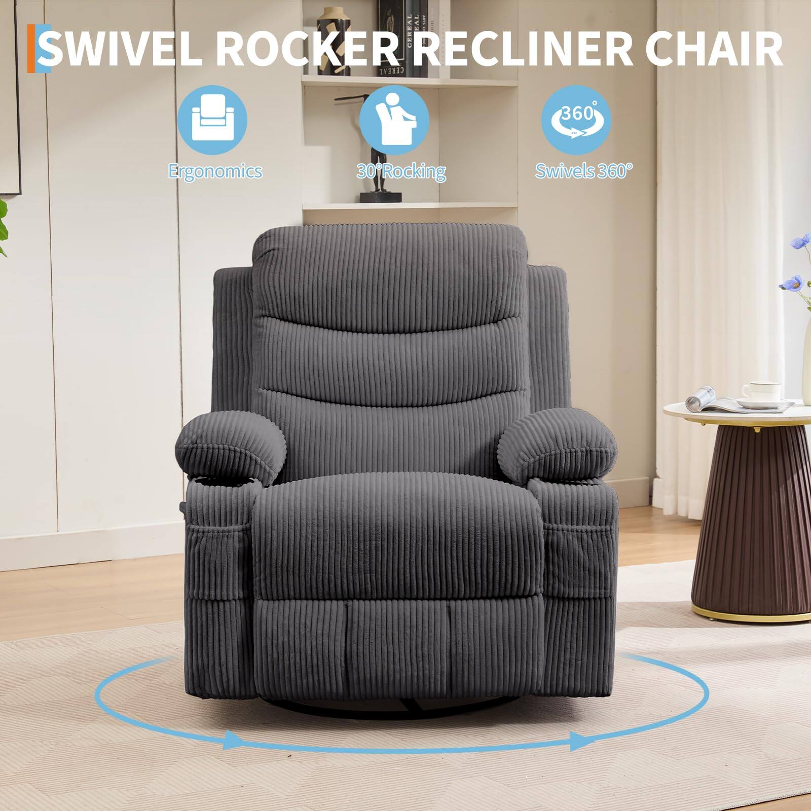 SWIVEL ROCKING RECLINER CHAIR

- Ergonomics
- 30° Rocking
- Swivels 360°