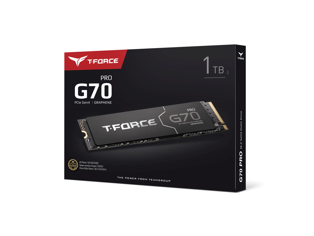 TFORCE PRO G70  
1TB  
PCIe Gen4 | GRAPHENE  

TFORCE G70 PRO  
M.2 Solid State Drive  

US Patent / US10392928B2  
Taiwan Patent / I670921  
China Utility Patent / CN210107939U  

THE POWER FROM TEAMGROUP