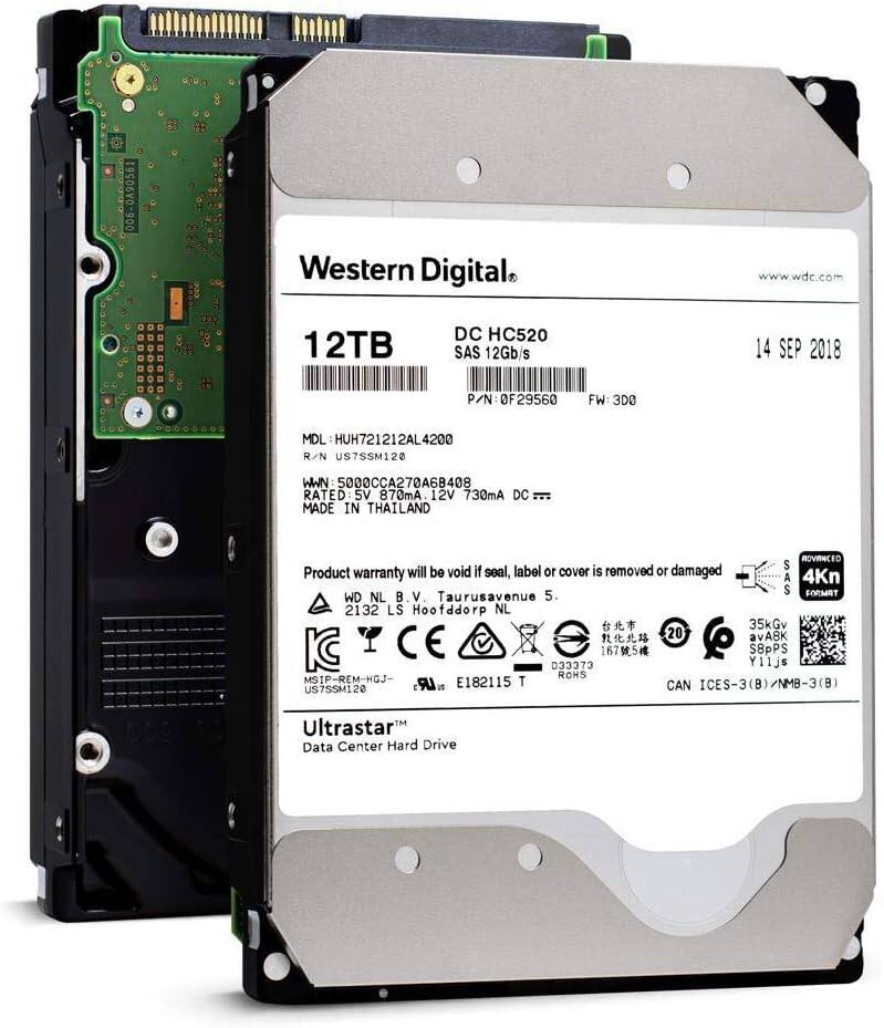 006-0A90561  
Western Digital, www.wdc.com  
12TB DC HC520 SAS 12Gb/s  
14 SEP 2018  
P/N: 0F29560  
FW: 3D0  
MDL: HUH721212AL4200  
R/N: US7SSM120  
WWN: 5000CCA270A6B408  
RATED: 12V 870mA, 730mA DC  
MADE IN THAILAND  

Product warranty will be void if seal, label or cover is removed or damaged  

WD NL B.V.  
Taurusavenue 5.  
Hoofddorp NL  
35kGv  
20 VA8K  
KC  
S8pPS  
033373  
Ylljs  
RONS  
MSIP-REM-HGJ  
9U  
E182115  
T  
ICES-3(B)/NMB-3(B)  
US7SSM120  
CAN TM  
Ultrastar™