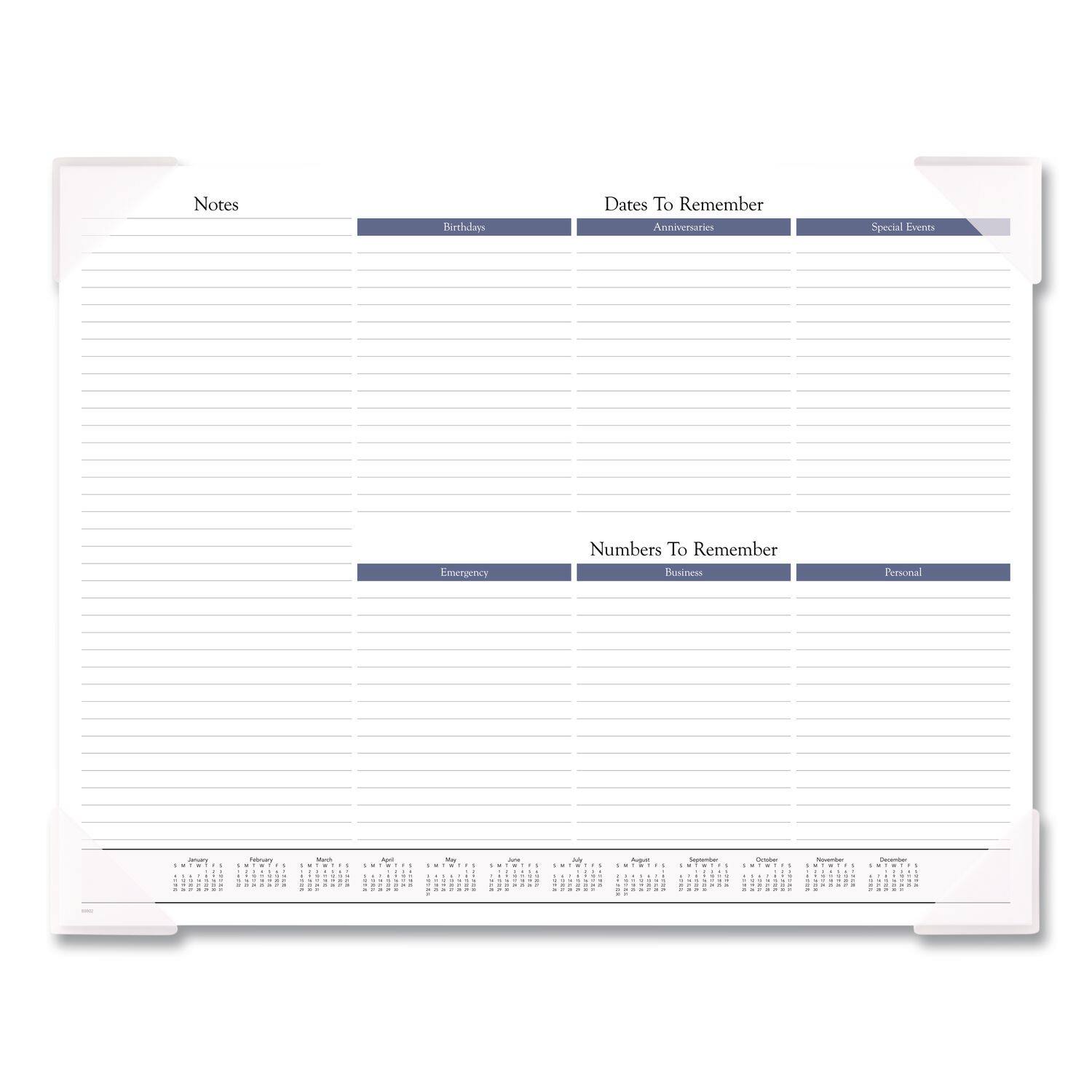 Sure, here is the corrected and grouped text from the image:

---

**Notes**

**Birthdays**

**Dates To Remember**

- Anniversaries

**Special Events**

**Numbers To Remember**

- Business
- Personal

**Emergency**

---

**Calendar (Bottom of the page)**

- January
- February
- March
- April
- May
- June
- July
- August
- September
- October
- November
- December

---