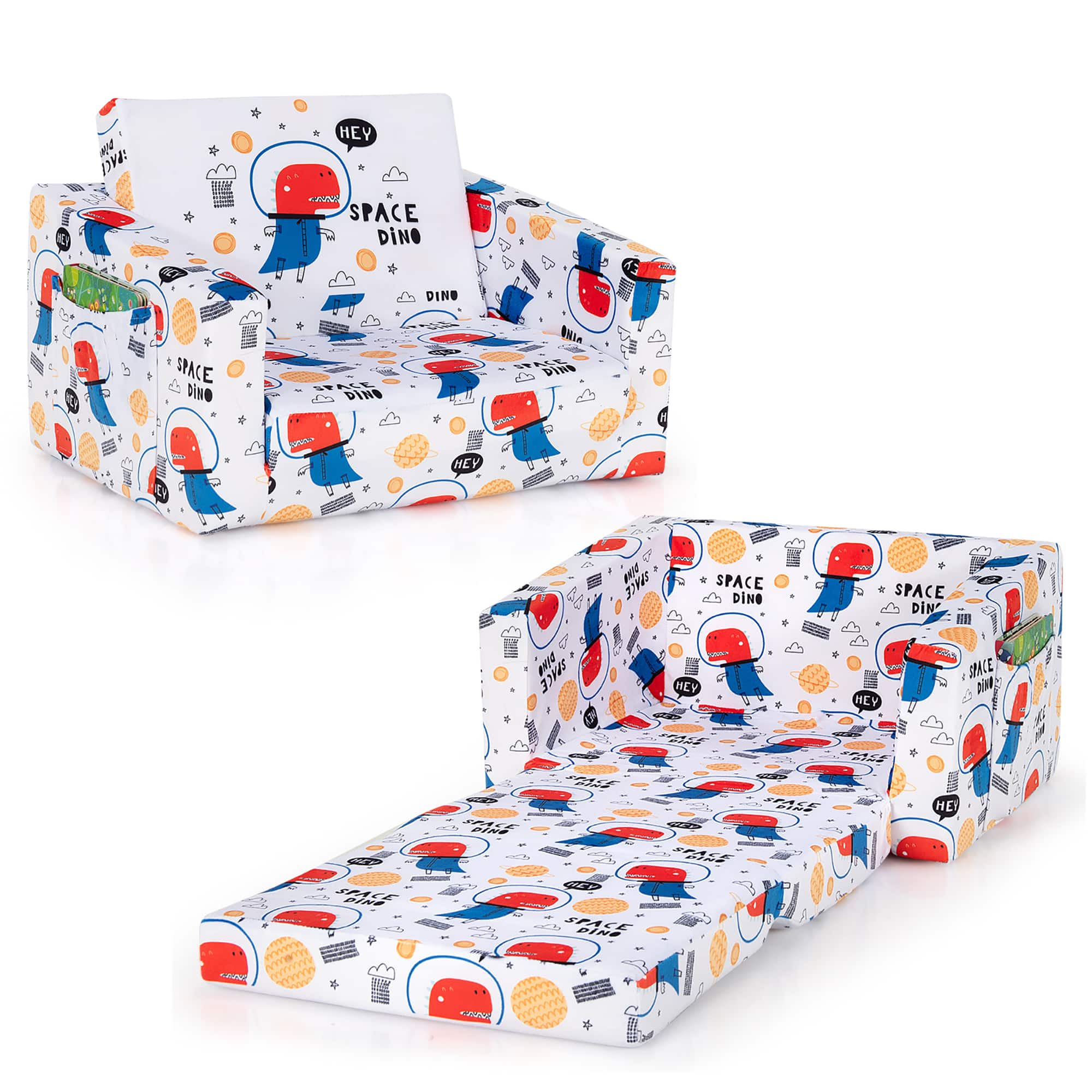 Costway - 2-in-1 Convertible Kids Sofa to Lounger Flip-Out Chair w/Storage Pocket - White,Red,Blue