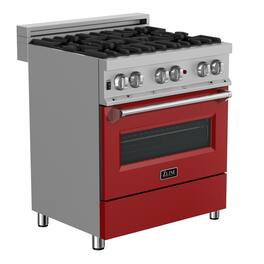 ZLINE - 30 in. Legacy Dual Fuel Range in Satin Stainless Steel & Red Matte Door (RAS-RM-30) - Matte Red