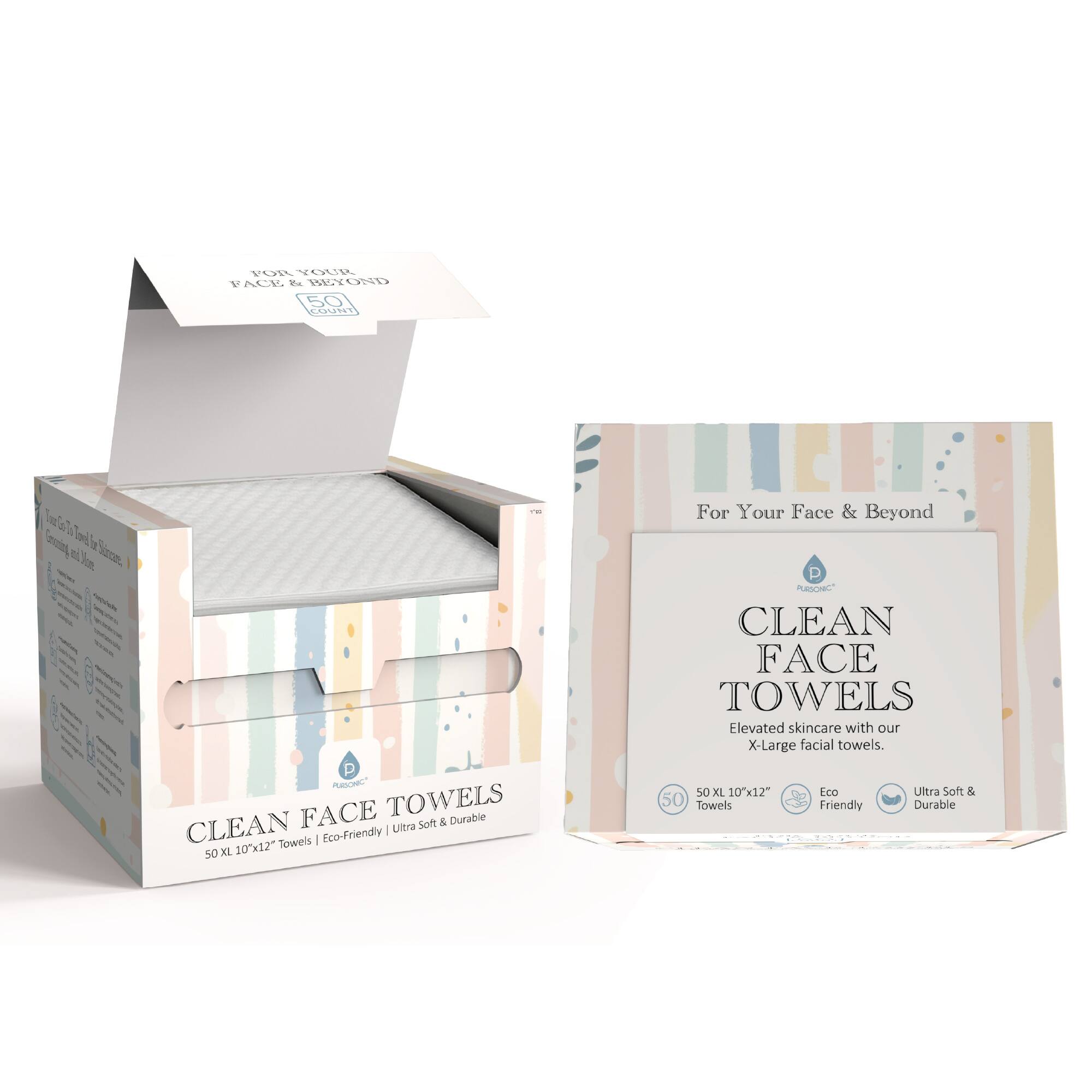 CLEAN FACE TOWELS Elevated skincare with our X-Large facial towels. 50 X 10x12" Towels | Eco-Friendly | Ultra Soft & Durable