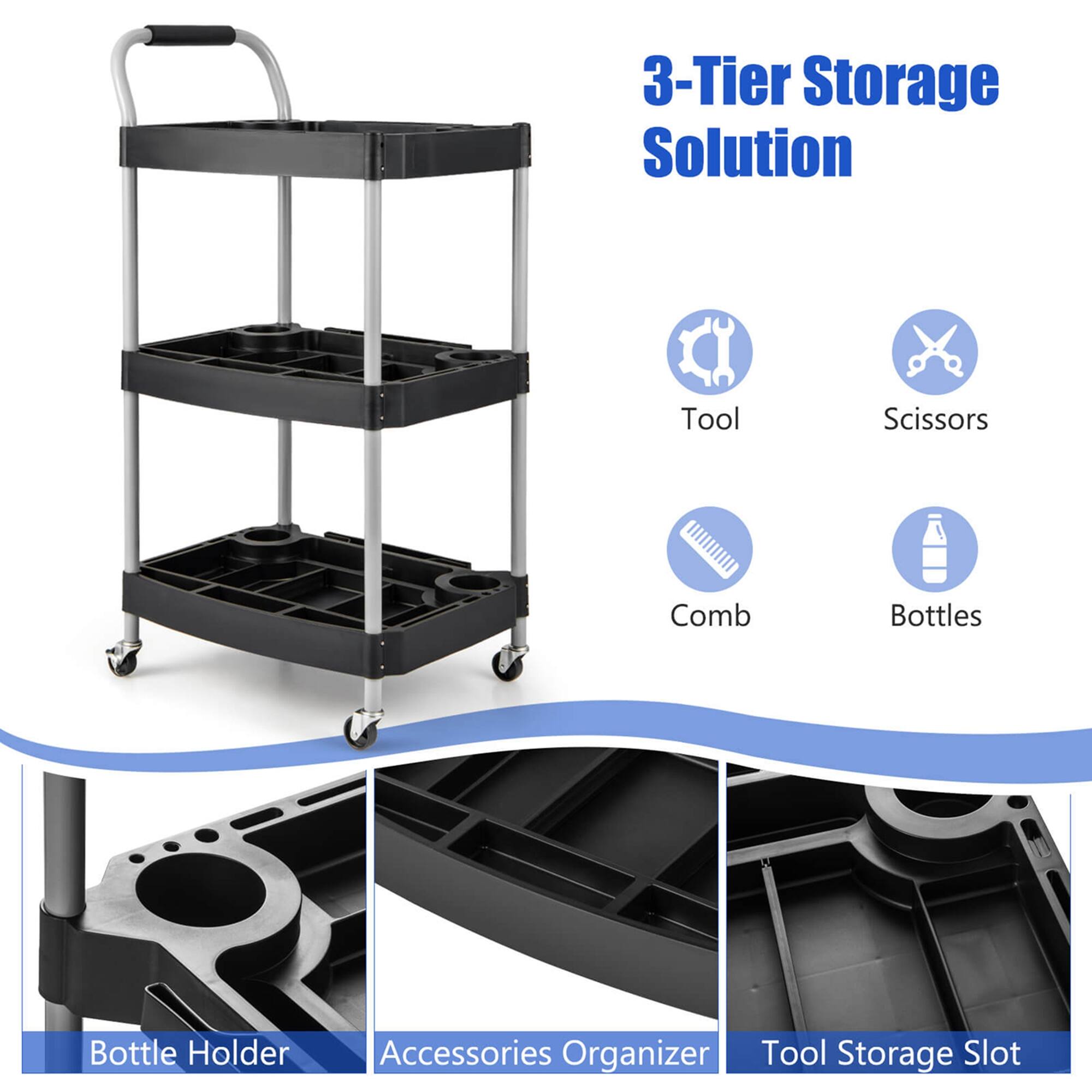 3-Tier Storage Solution

- Tool
- Scissors
- Comb
- Bottles

- Bottle Holder
- Accessories Organizer
- Tool Storage Slot