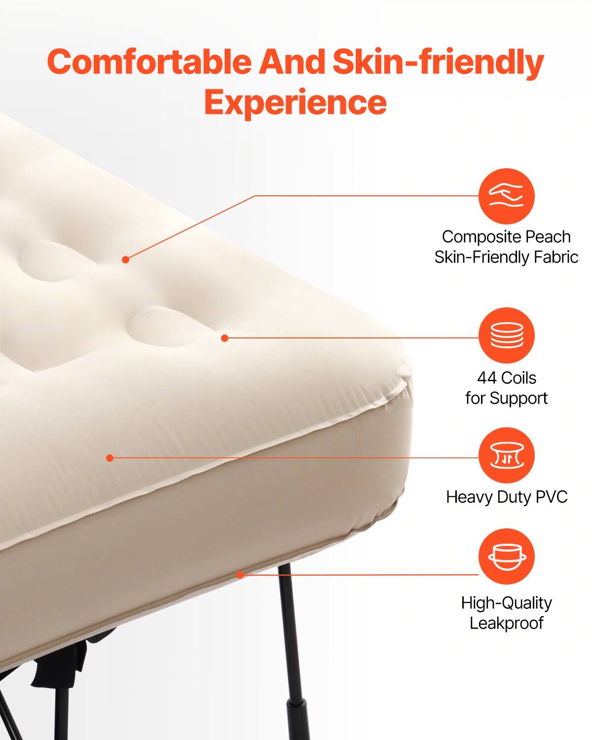 Comfortable And Skin-friendly Experience

- Composite Peach
- Skin-Friendly Fabric
- 44 Coils for Support
- Heavy Duty PVC
- High-Quality Leakproof