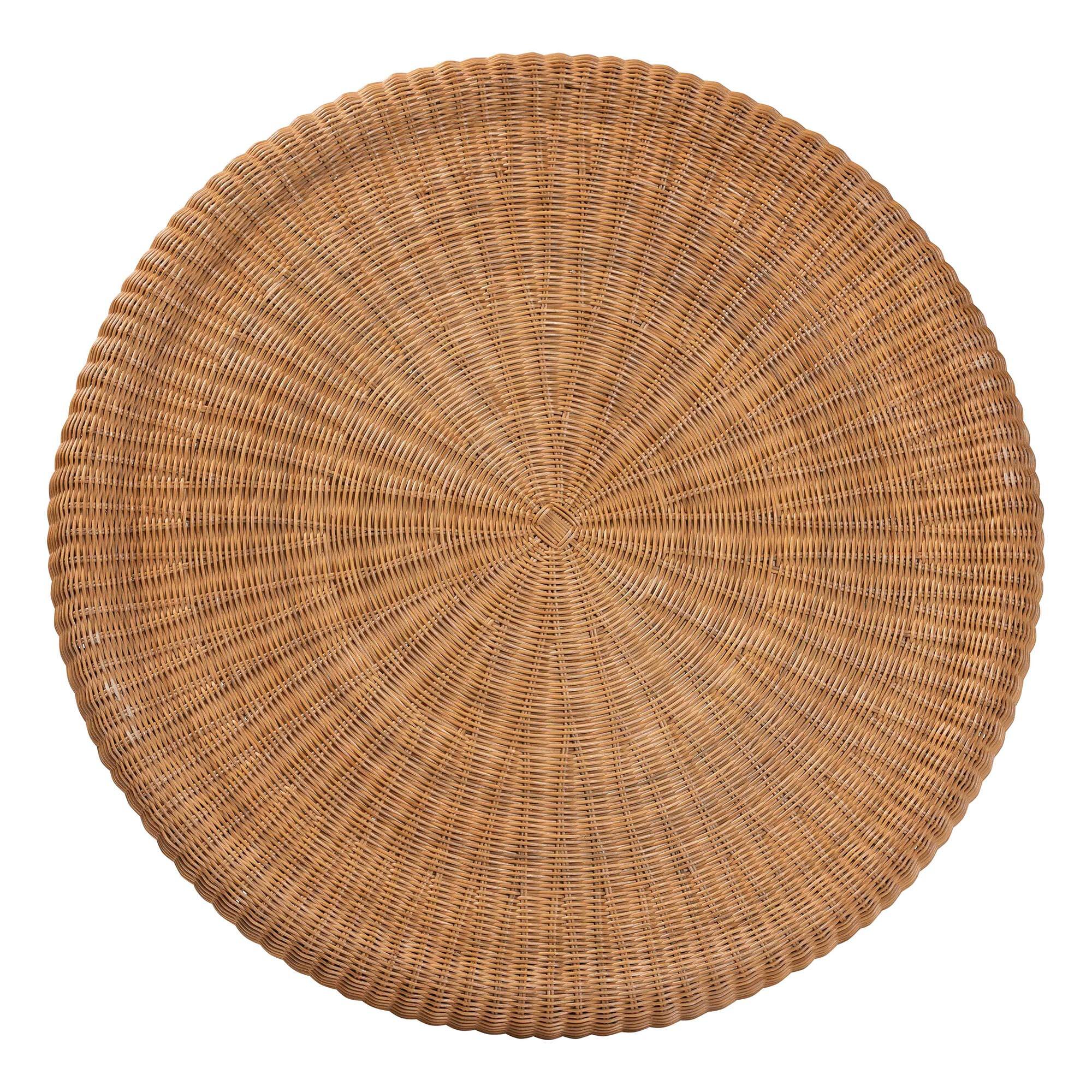 Left. bali & pari - Avalon Natural Rattan Round Coffee Table with Scalloped Pedestal Base – Coastal Boho Wicker Accent Table - Light Honey.