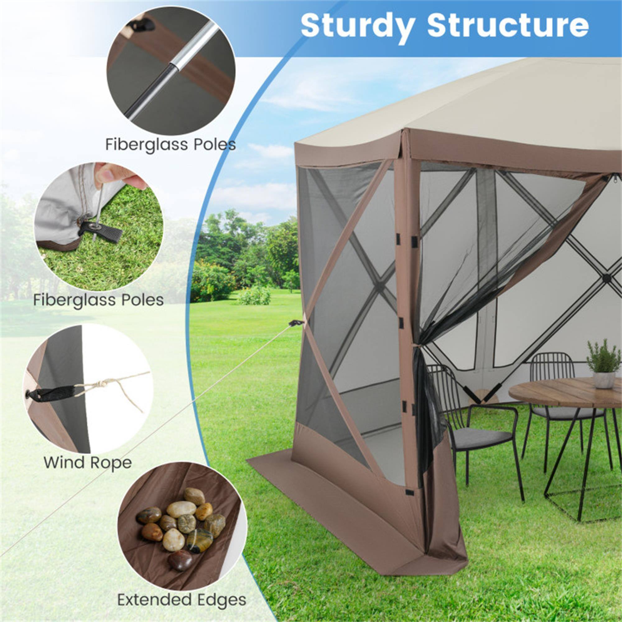 Sturdy Structure  
- Fiberglass Poles  
- Wind Rope  
- Extended Edges