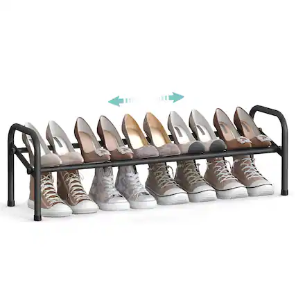 Front. Songmics Home - Expandable Shoe Rack, 1 Tier Shoe Rack Shelf, Adjustable Shoe Organizer Storage for 10 Pairs of Shoes - Ink Black.
