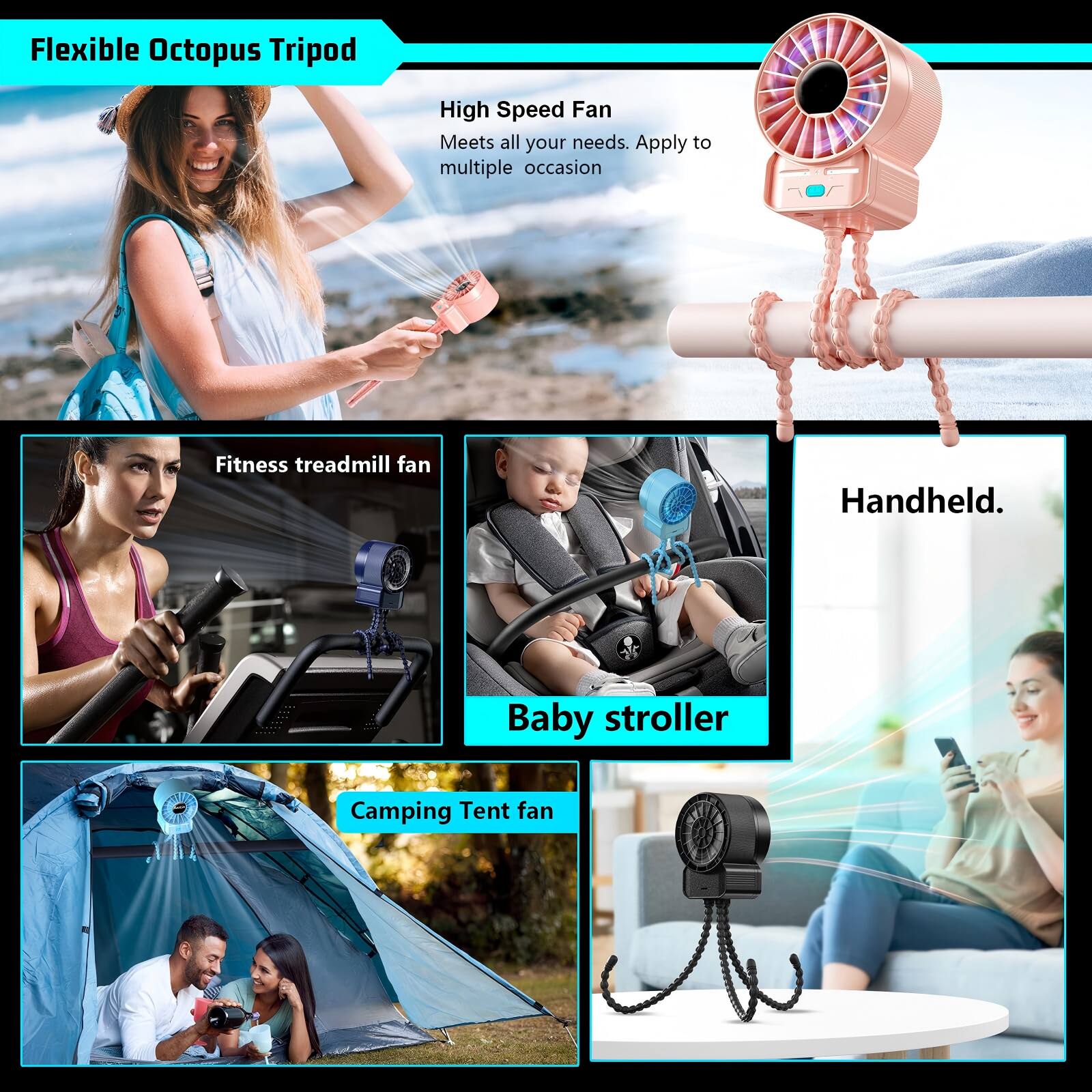 Flexible Octopus Tripod High Speed Fan Meets all your needs. Apply to multiple occasion Fitness treadmill fan Handheld Baby stroller Camping Tent fan