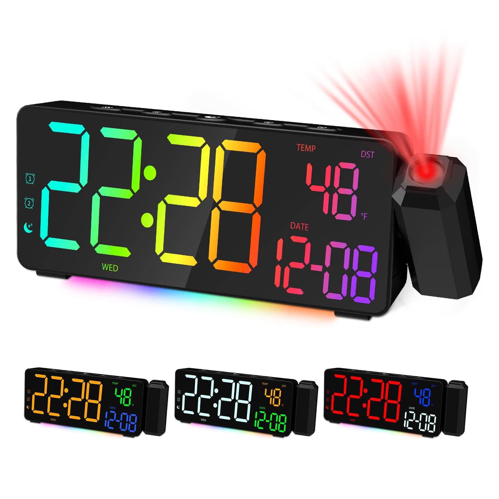 Dazzed Corner - Projection Alarm Clock with 180° Rotating Projector, RGB Display - Black