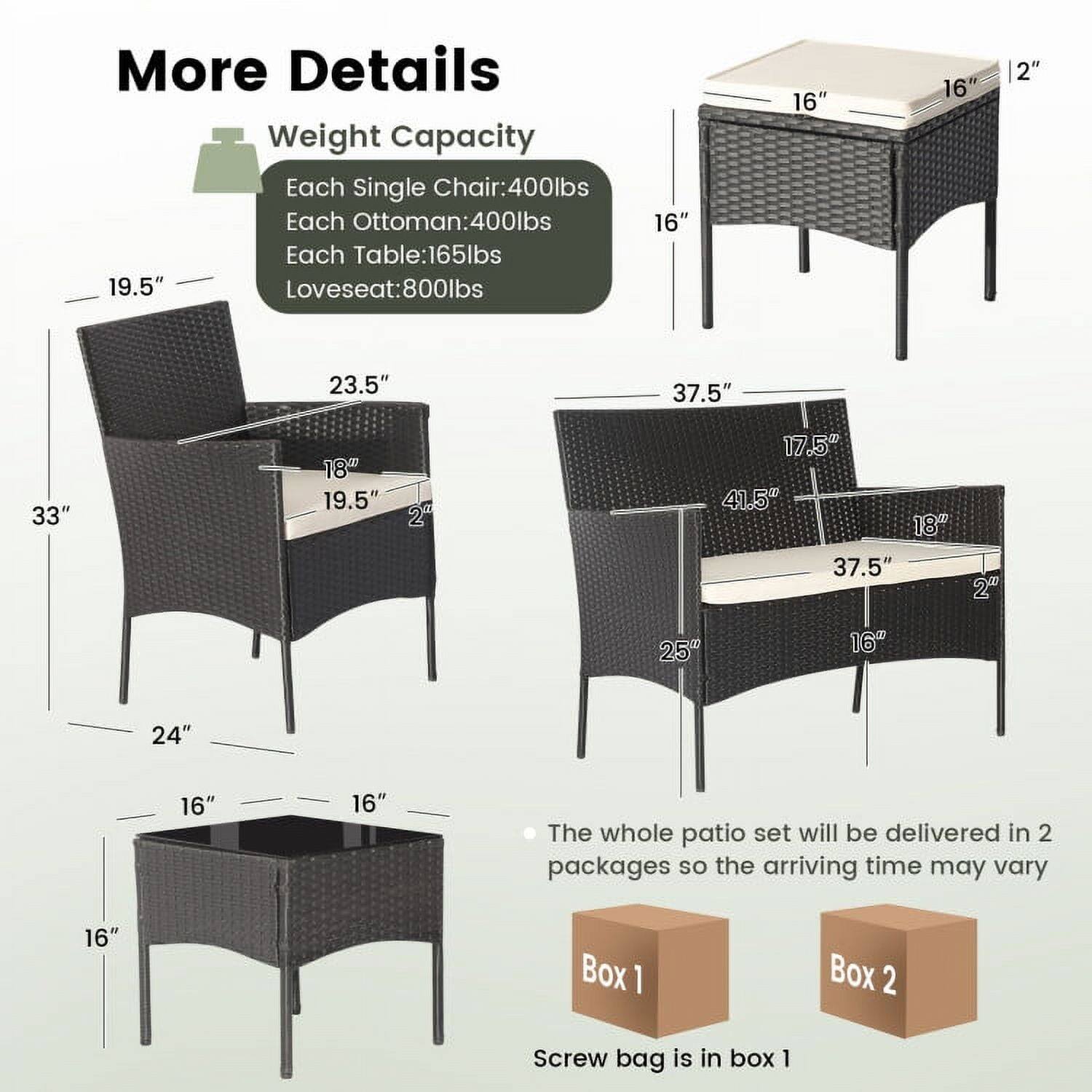 More Details

Weight Capacity
- Each Single Chair: 400lbs
- Each Ottoman: 400lbs
- Each Table: 165lbs
- Loveseat: 800lbs

The whole patio set will be delivered in 2 packages so the arriving time may vary

Box 1
Box 2

Screw bag is in box 1