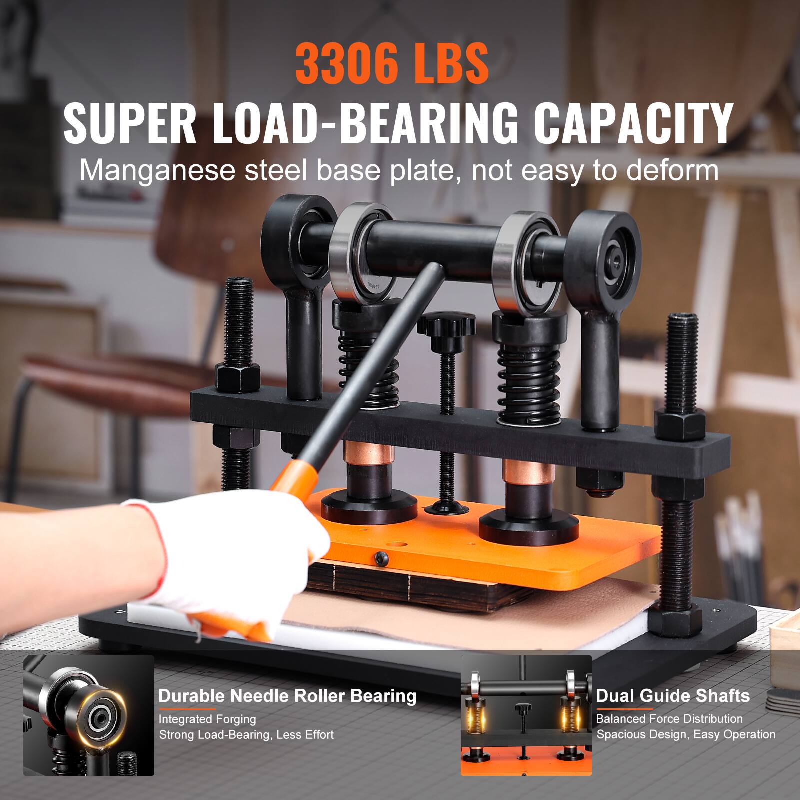 3306 LBS SUPER LOAD-BEARING CAPACITY  
Manganese steel base plate, not easy to deform  

Durable Needle Roller Bearing  
Integrated Forging  
Strong Load-Bearing, Less Effort  

Dual Guide Shafts  
Balanced Force Distribution  
Spacious Design, Easy Operation
