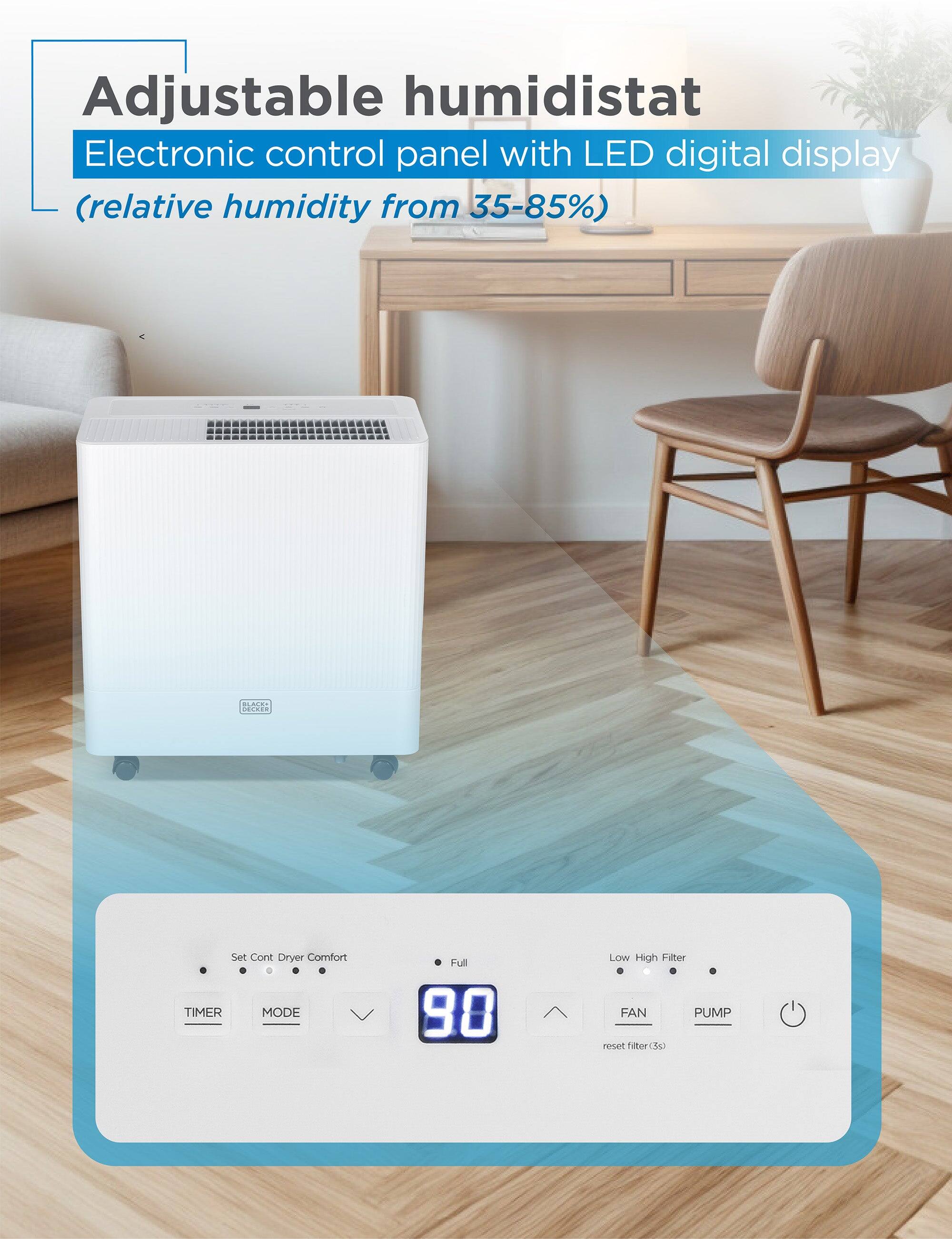 Adjustable humidistat  
Electronic control panel with LED digital display (relative humidity from 35-85%)  

Set Cont Dryer Comfort  
TIMER MODE  
Full 98 Low High Filter  
FAN PUMP  
reset filter (3s)