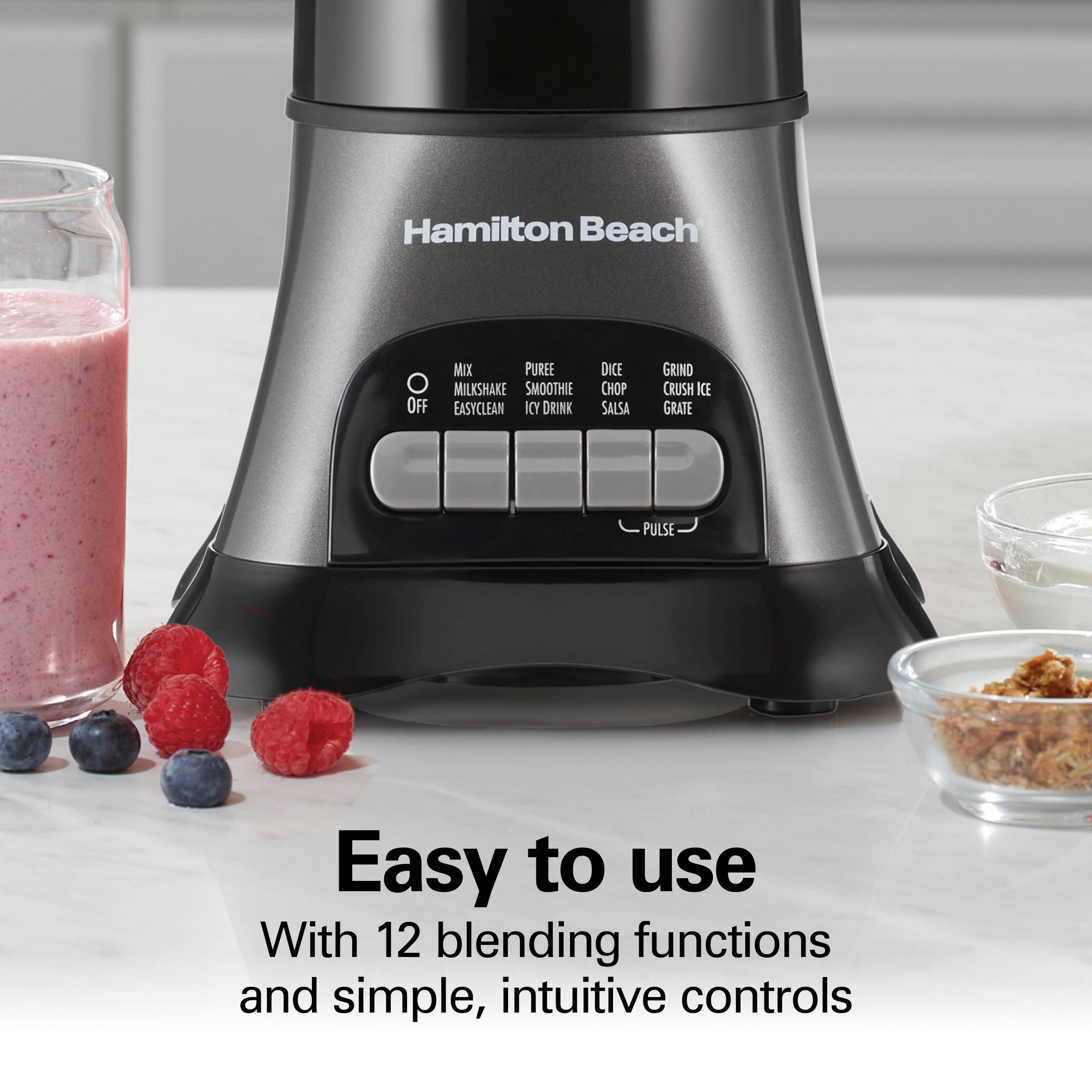 Hamilton Beach  
Easy to use  
With 12 blending functions and simple, intuitive controls  

MIX  
PUREE  
DICE  
GRIND  
CHOP  
CRUSH ICE  
MILKSHAKE  
SMOOTHIE  
ICY DRINK  
SALSA  
GRATE  
PULSE  

EASYCLEAN  
OFF