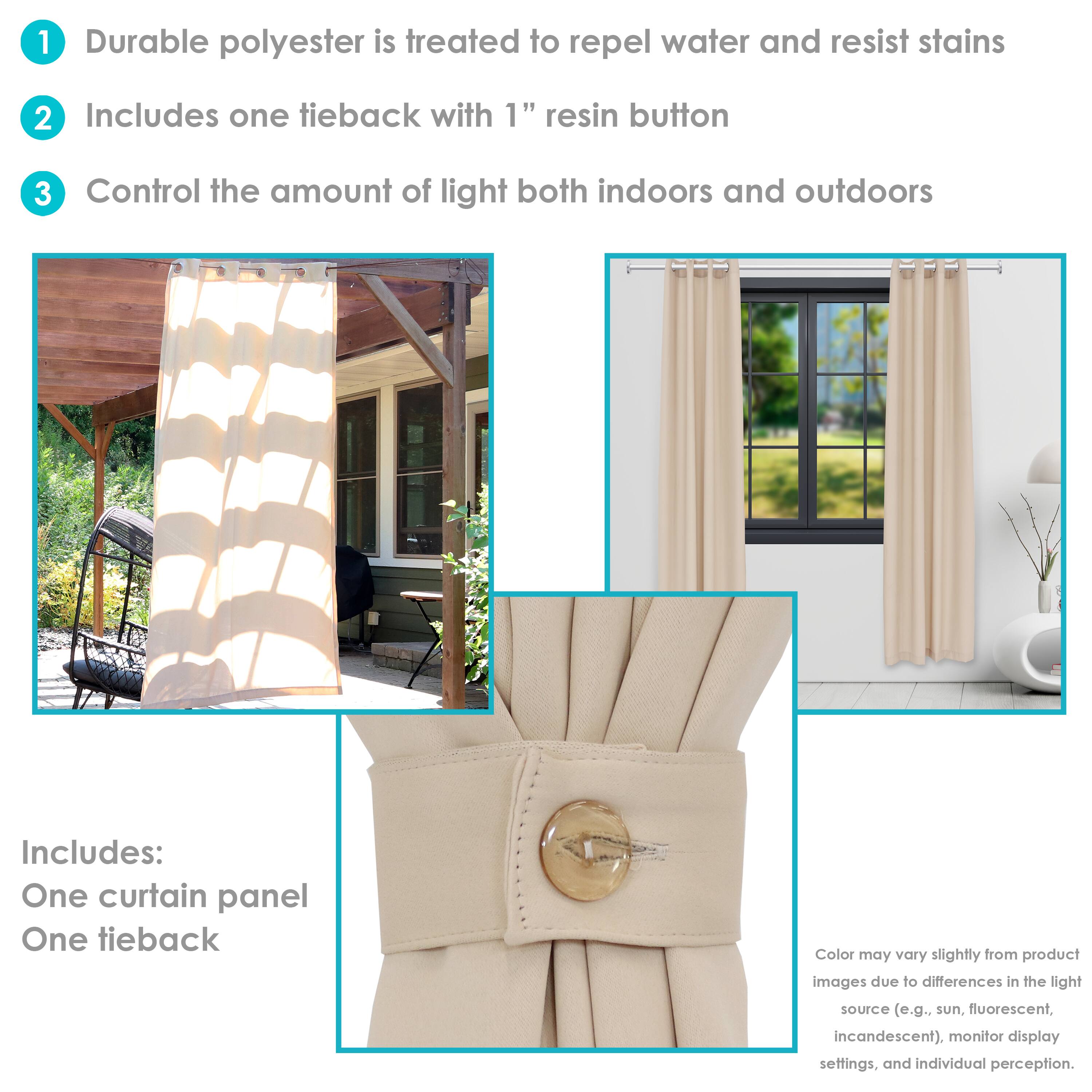 1. Durable polyester is treated to repel water and resist stains.
2. Includes one tieback with 1" resin button.
3. Control the amount of light both indoors and outdoors.

Includes:
- One curtain panel
- One tieback

Color may vary slightly from product images due to differences in the light source (e.g., sun, fluorescent, incandescent), monitor display settings, and individual perception.