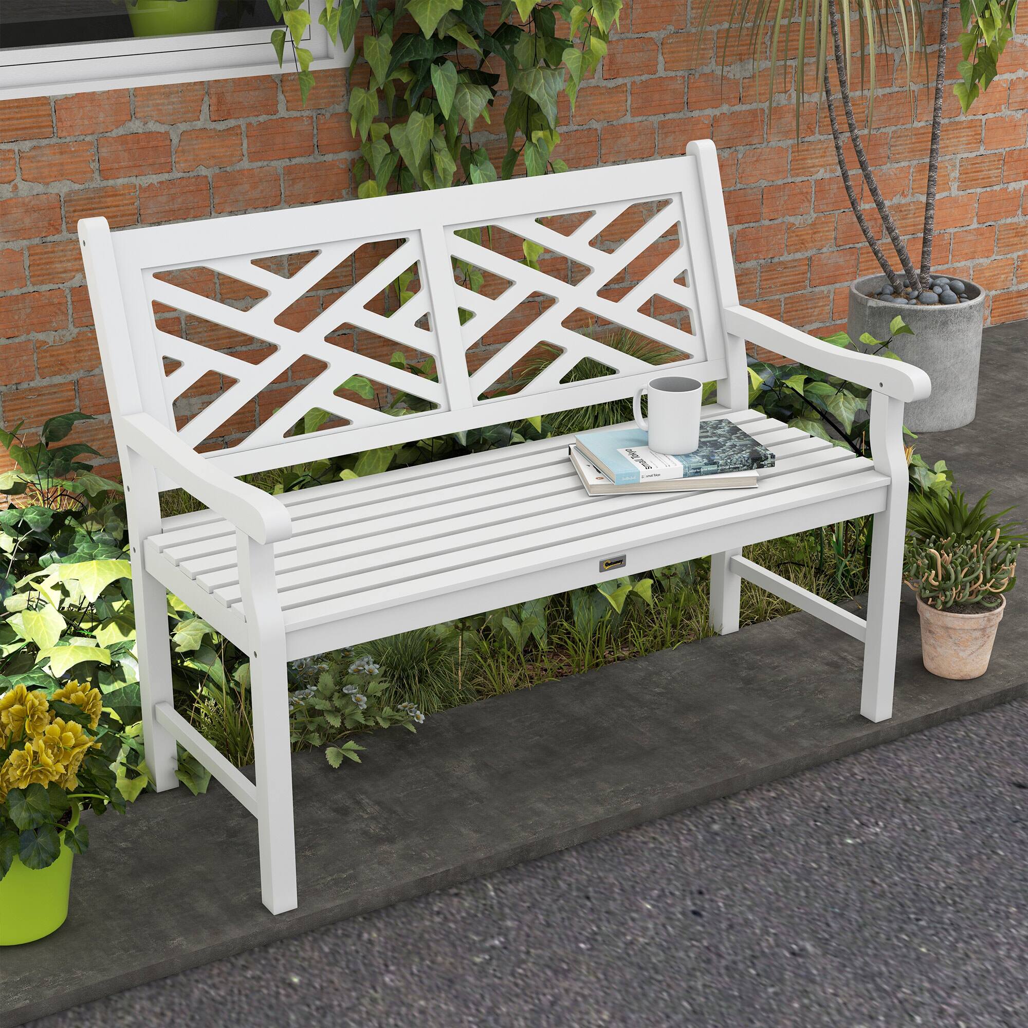 Alt View 1. Outsunny - Outdoor Garden Bench, Wooden Frame Patio Bench with Geometric Pattern, 43.25 Inch Weatherproof 2-Person Love Seat - White.