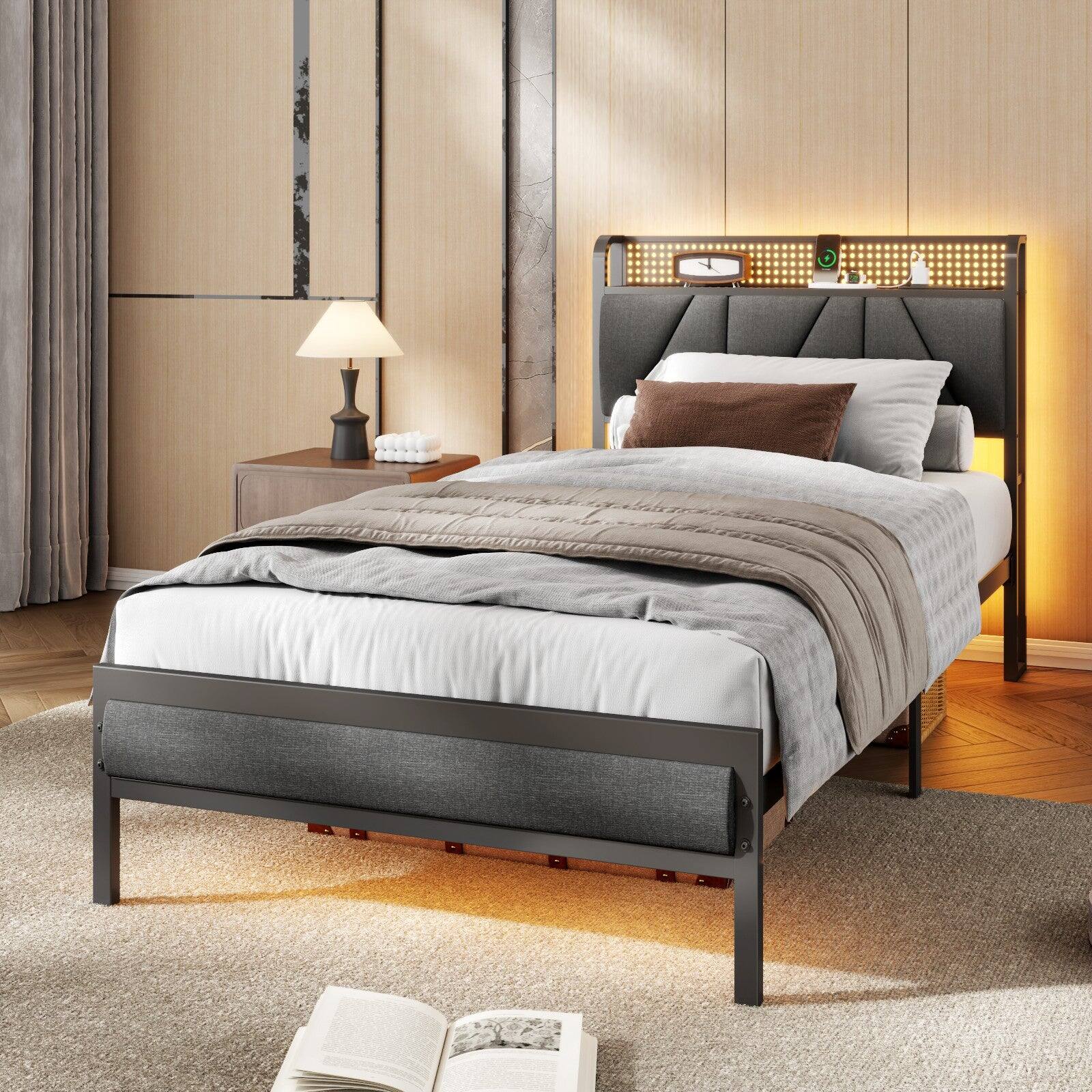 Angle. Furnulem - Twin Upholstered Bed Frame with LED Lights & Headboard with Charging Station and USB Port - Brown.