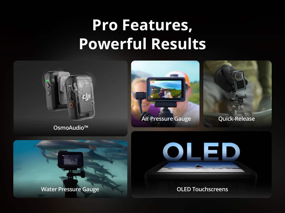 Pro Features, Powerful Results:
* OsmoAudio: High-quality audio recording capabilities for professional use.
* Air Pressure Gauge: Measures air pressure for accurate altitude readings.
* Quick-Release: Easy-to-use attachment system for quick and secure connections.
* OLED Water Pressure Gauge: High-resolution display for accurate water pressure readings.
* OLED Touchscreens: High-quality touchscreen displays for easy navigation and control.