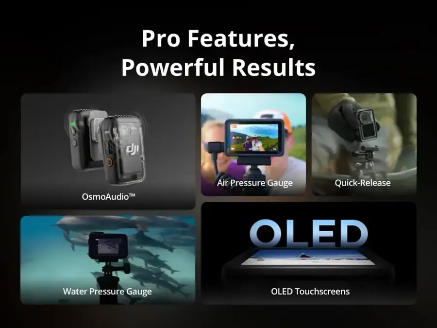 Pro Features, Powerful Results:

* OsmoAudio: High-quality audio recording capabilities for professional use.
* Air Pressure Gauge: Measures air pressure for accurate altitude readings.
* Quick-Release: Easy-to-use attachment system for quick and secure connections.
* OLED Water Pressure Gauge: High-resolution display for accurate water pressure readings.
* OLED Touchscreens: High-quality touchscreen displays for easy navigation and control.