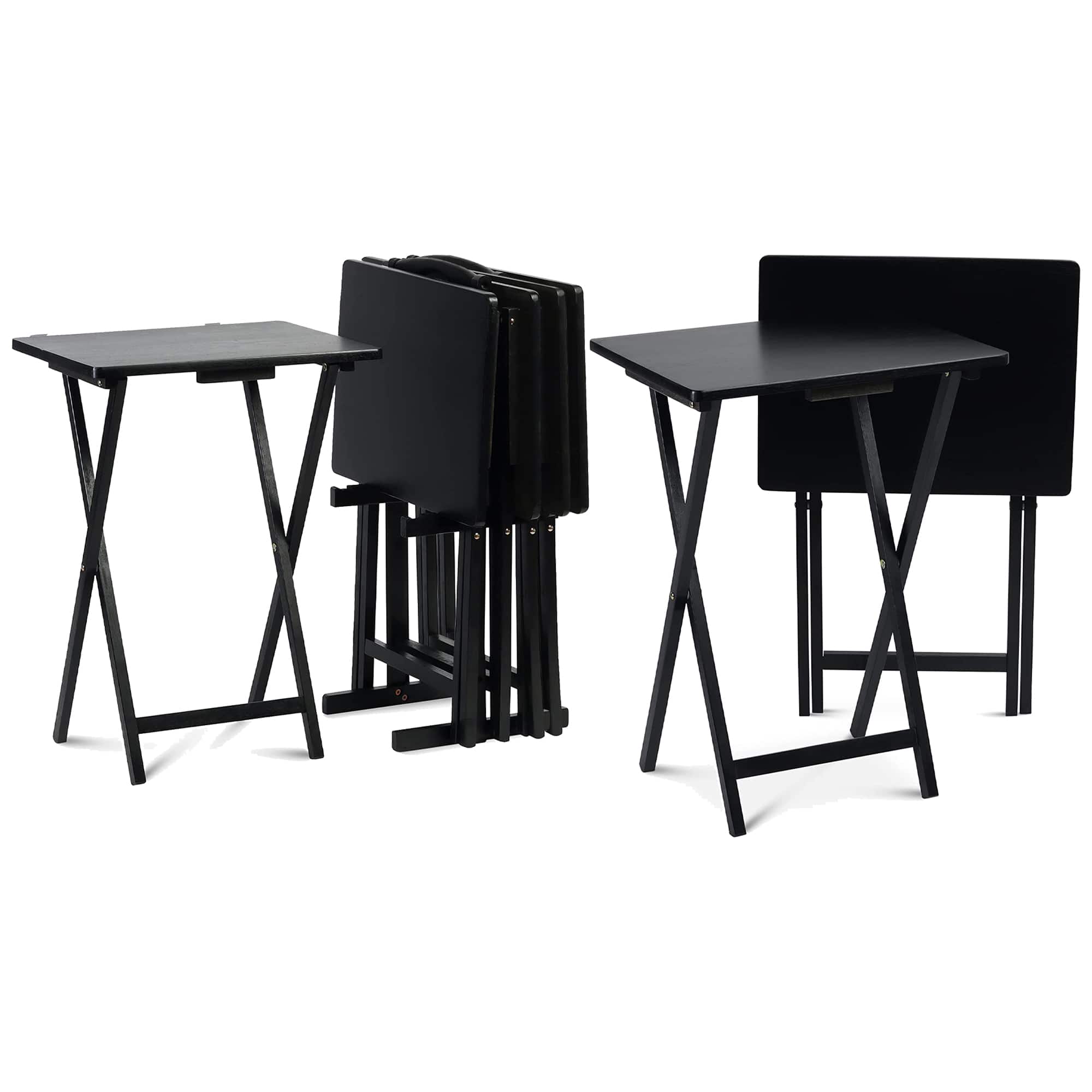 PJ Wood - Folding Portable TV Snack Tray Table w/Compact Storage Rack, (Set of 7) - Black