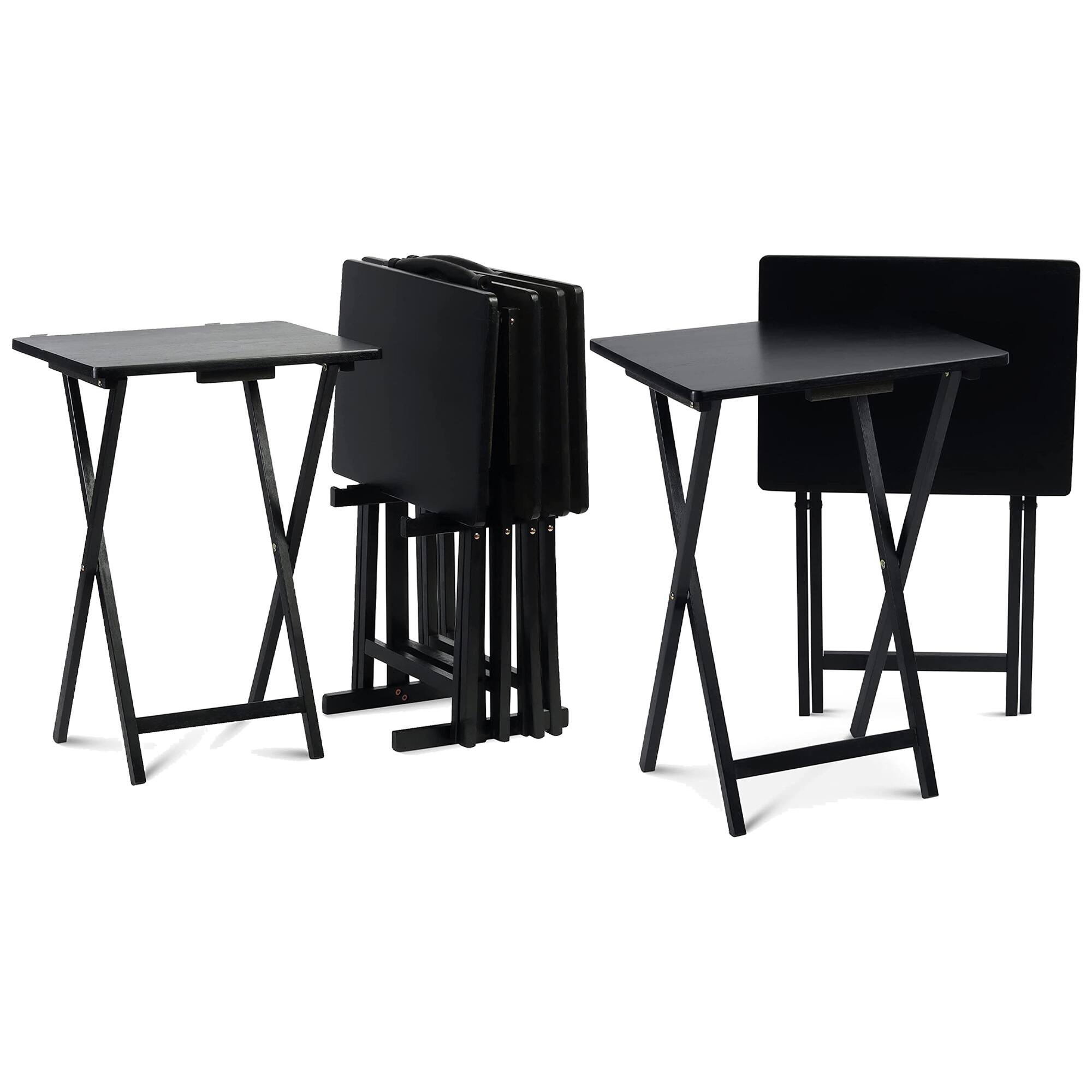 Front. PJ Wood - PJ Wood Folding Portable TV Snack Tray Table w/Compact Storage Rack, (Set of 7) - Black.