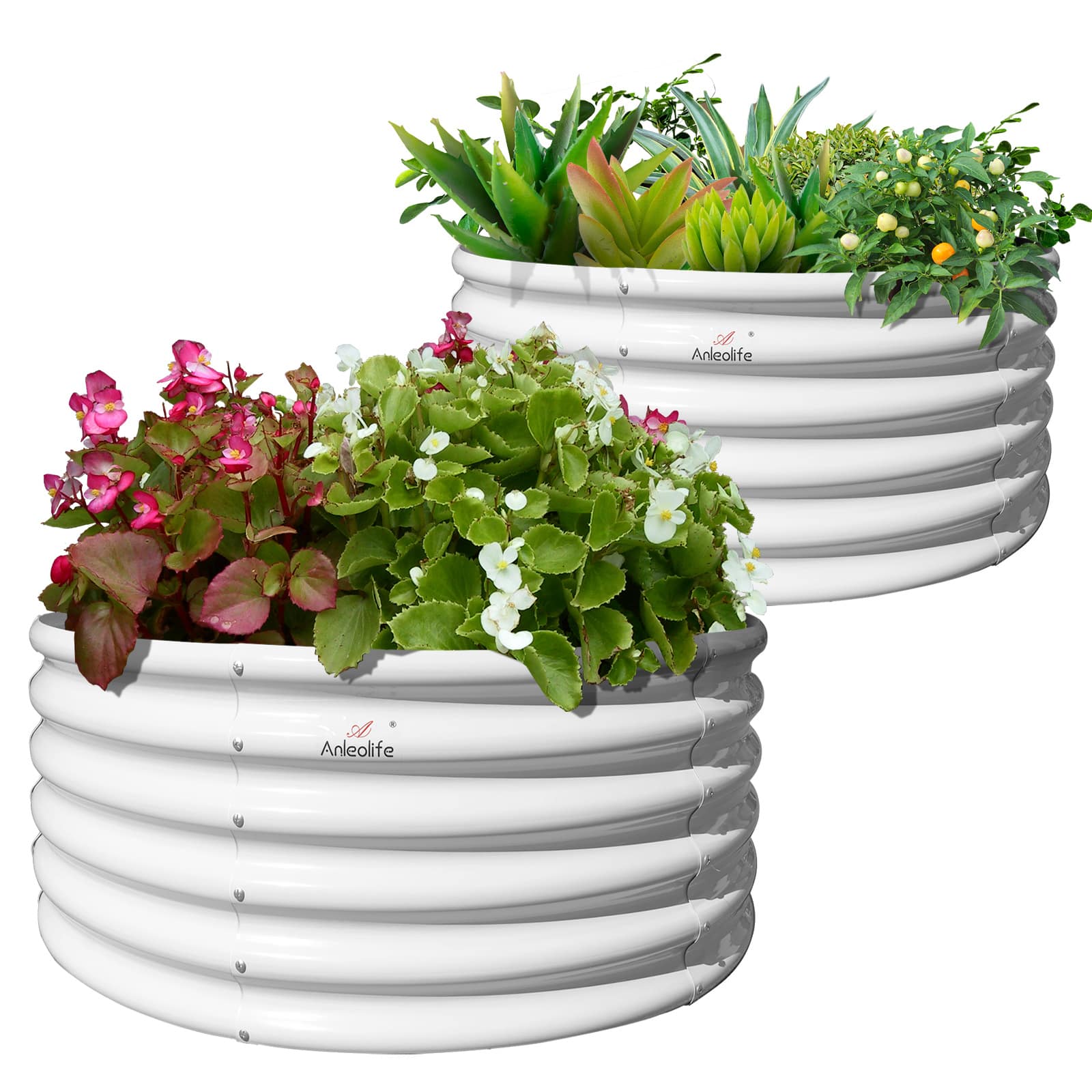 A Anleolife - 2-Pack Metal Round Raised Garden Bed Planter Box for Planting Vegetables Flowers (48 in. L x 48 in. W x 18 in. H) - White