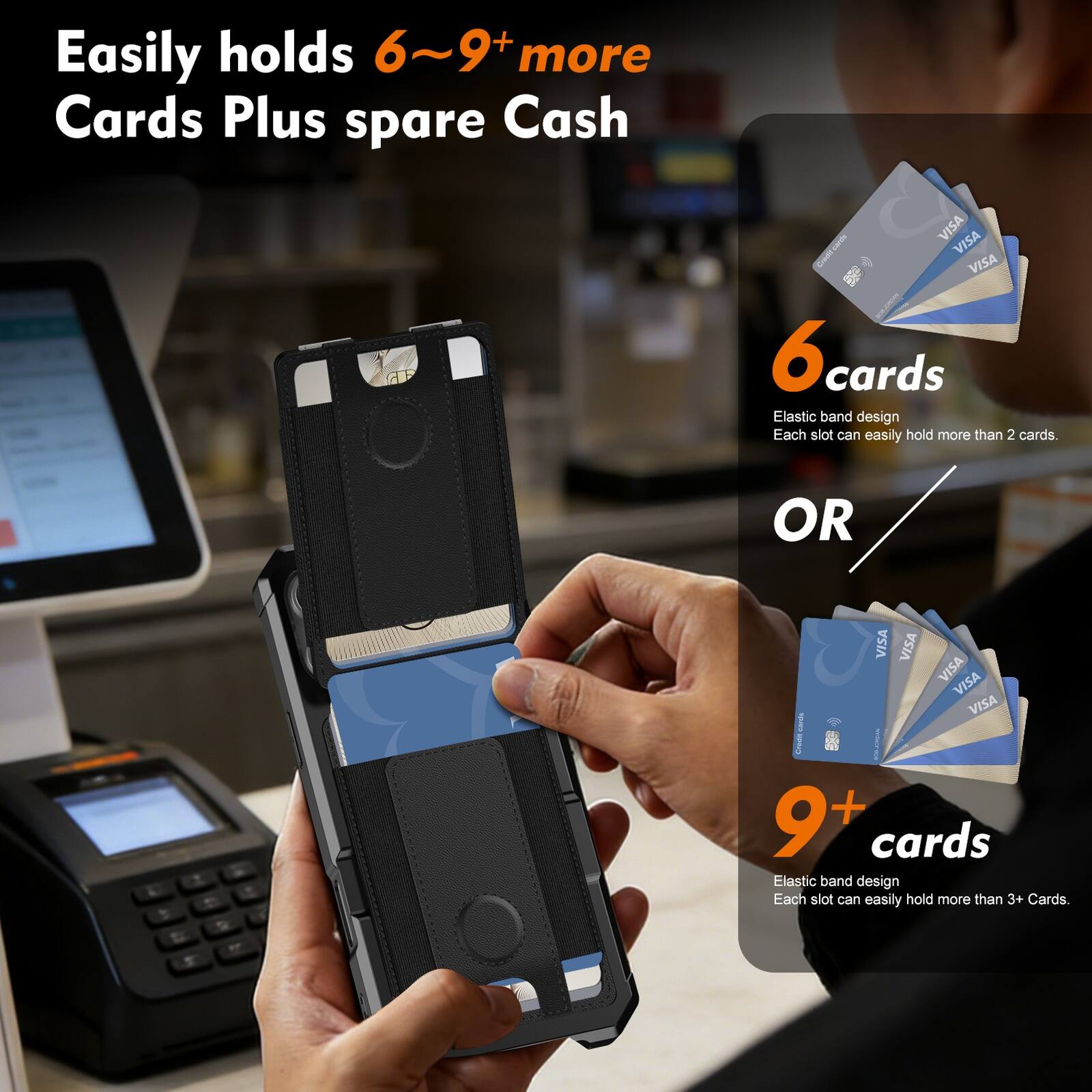Easily holds 6~9+ more Cards Plus spare Cash

6 cards
Elastic band design
Each slot can easily hold more than 2 cards.

OR

9+ cards
Elastic band design
Each slot can easily hold more than 3+ Cards.