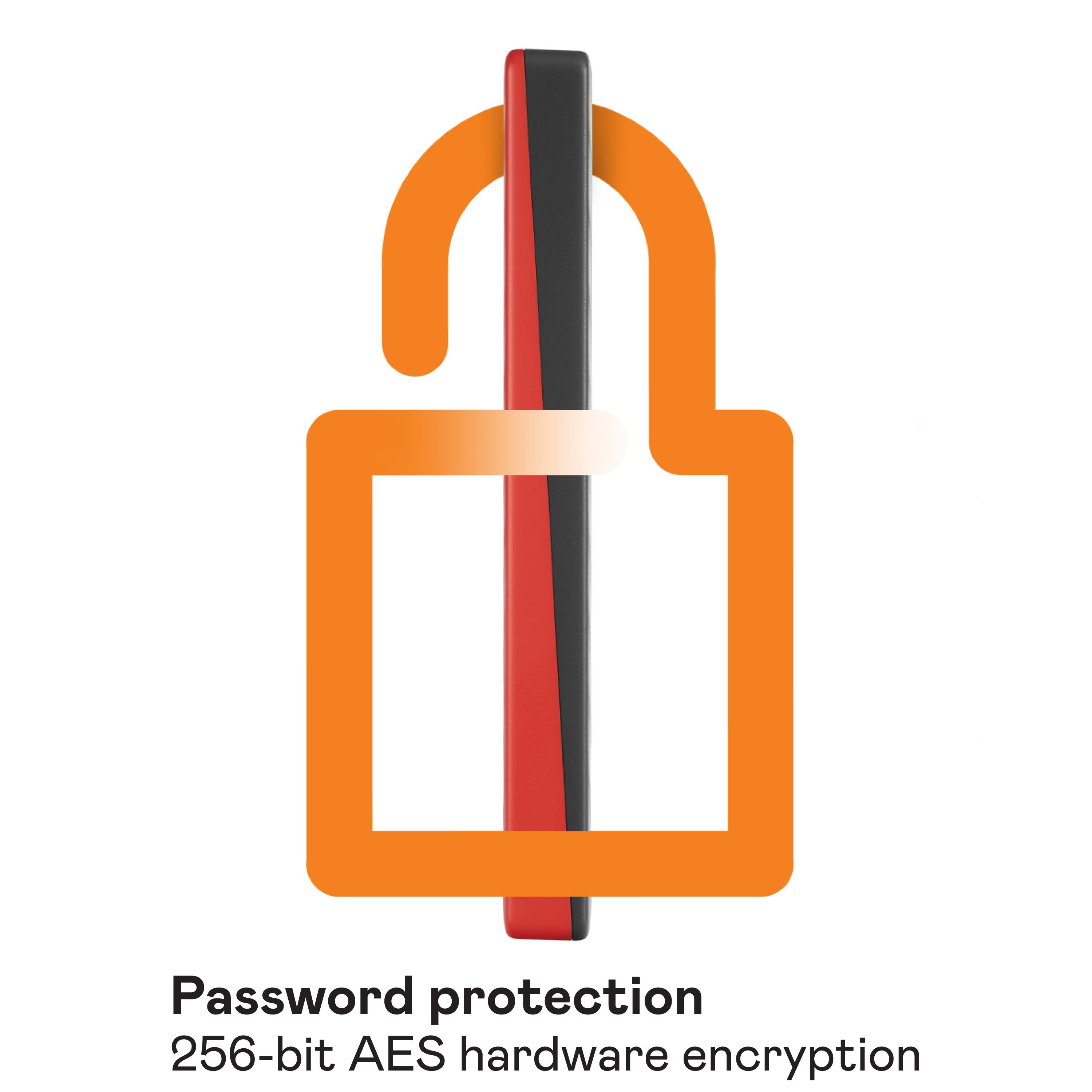 Password protection is provided by a 256-bit AES hardware encryption.