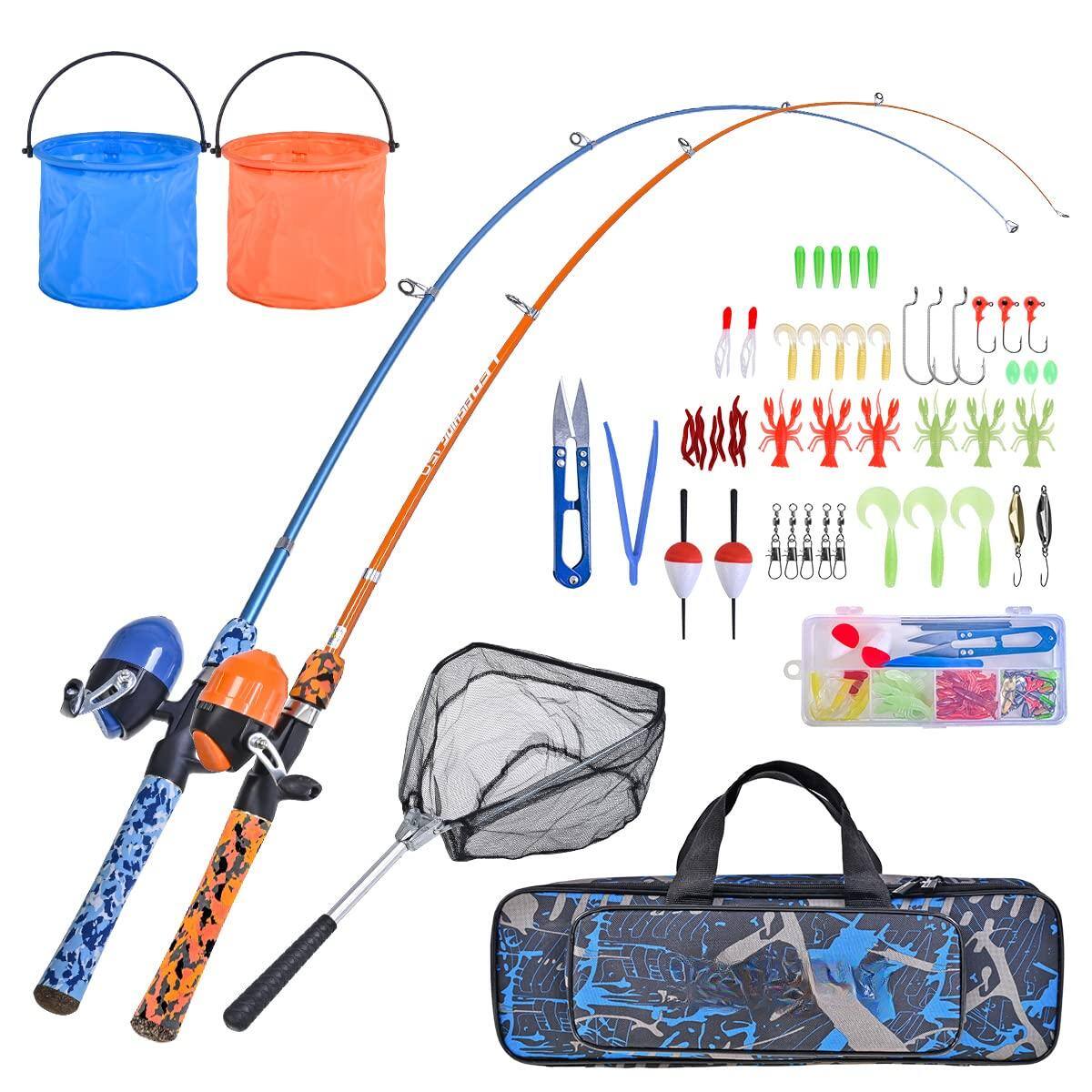 NICHOLAS KLEIN - Fishing Pole Set With Full Starter Kits 2 Portable Telescopic Rod And Spincast Reel Cambos - Blue+Orange