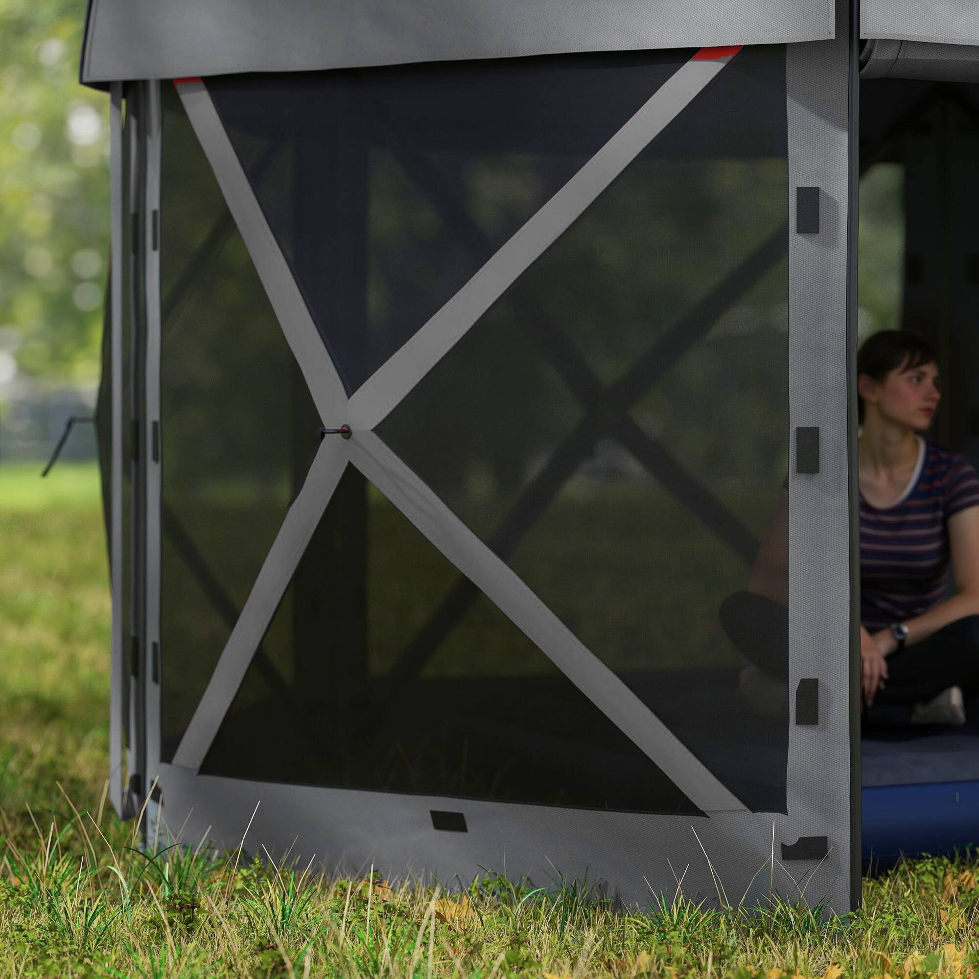 Alt View 5. Outsunny - 12' x 12' Hexagonal Pop Up Gazebo Canopy Tent with 5 Sidewalls, Portable Outdoor Canopy Shelter with Curtains - Dark Gray.