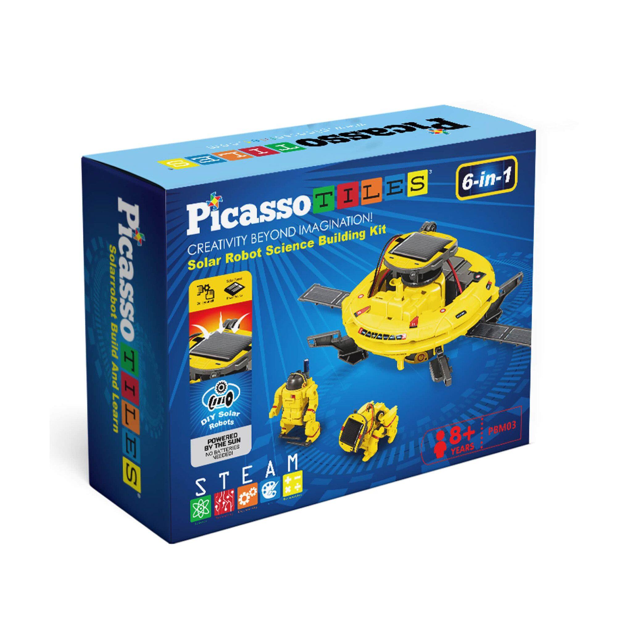 Picasso Tiles  
Creativity Beyond Imagination!  
Solar Robot Science Building Kit  

6-in-1  

Build and Learn DIY Robots  
Powered by the Sun  

STEAM  

8+ Years  

PBM03