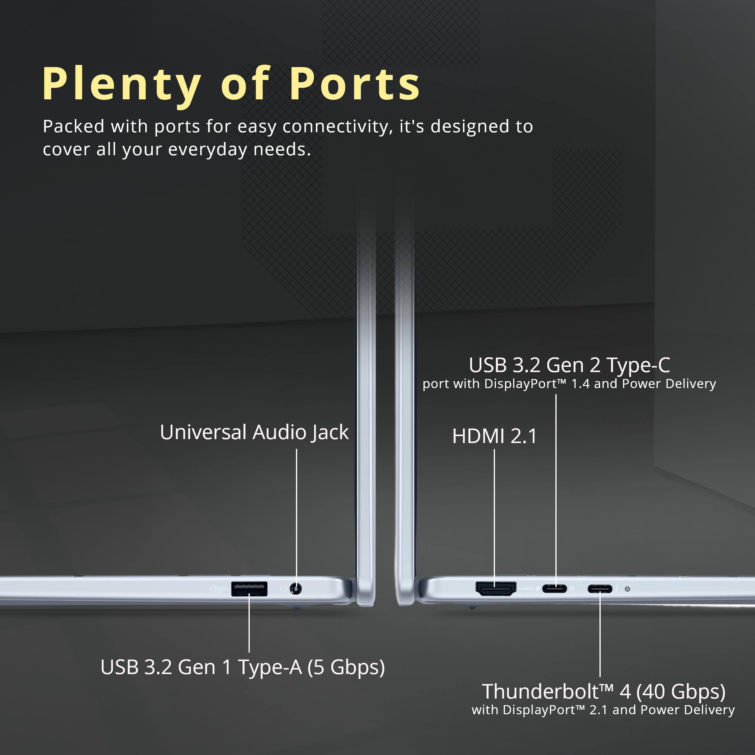 Plenty of Ports

Packed with ports for easy connectivity, it's designed to cover all your everyday needs.

- USB 3.2 Gen 2 Type-C port with DisplayPort 1.4 and Power Delivery
- Universal Audio Jack
- HDMI 2.1
- USB 3.2 Gen 1 Type-A (5 Gbps)
- Thunderbolt 4 (40 Gbps) with DisplayPort 2.1 and Power Delivery