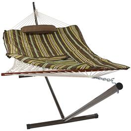 Sunnydaze - 2-Person Rope Hammock with Steel Stand and Pad/Pillow - Desert Stripe