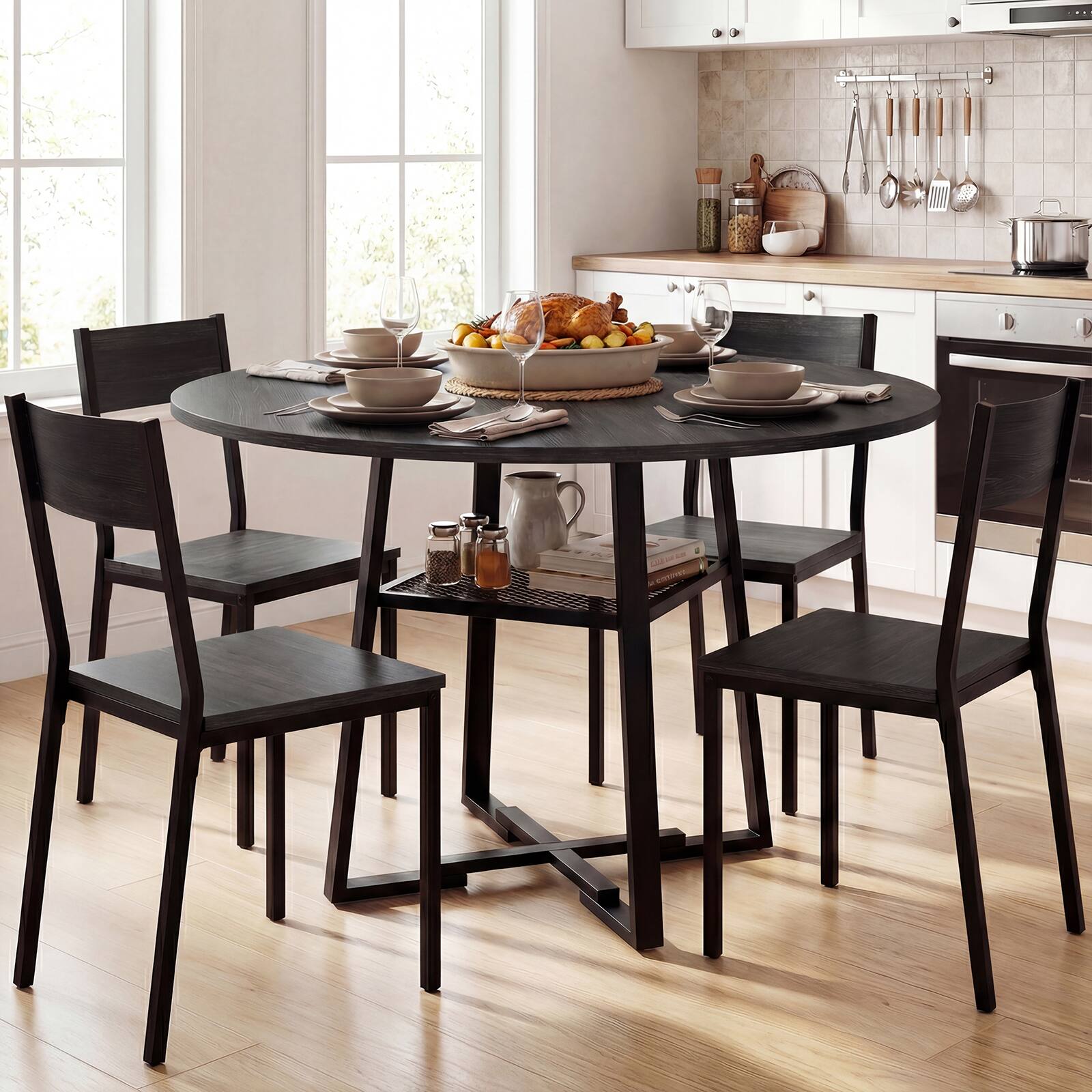 Alt View 3. Gymax - Gymax Round Dining Table for 4-6 47.5'' Dining Room Table w/Storage Shelf & Metal Legs Black - Black.