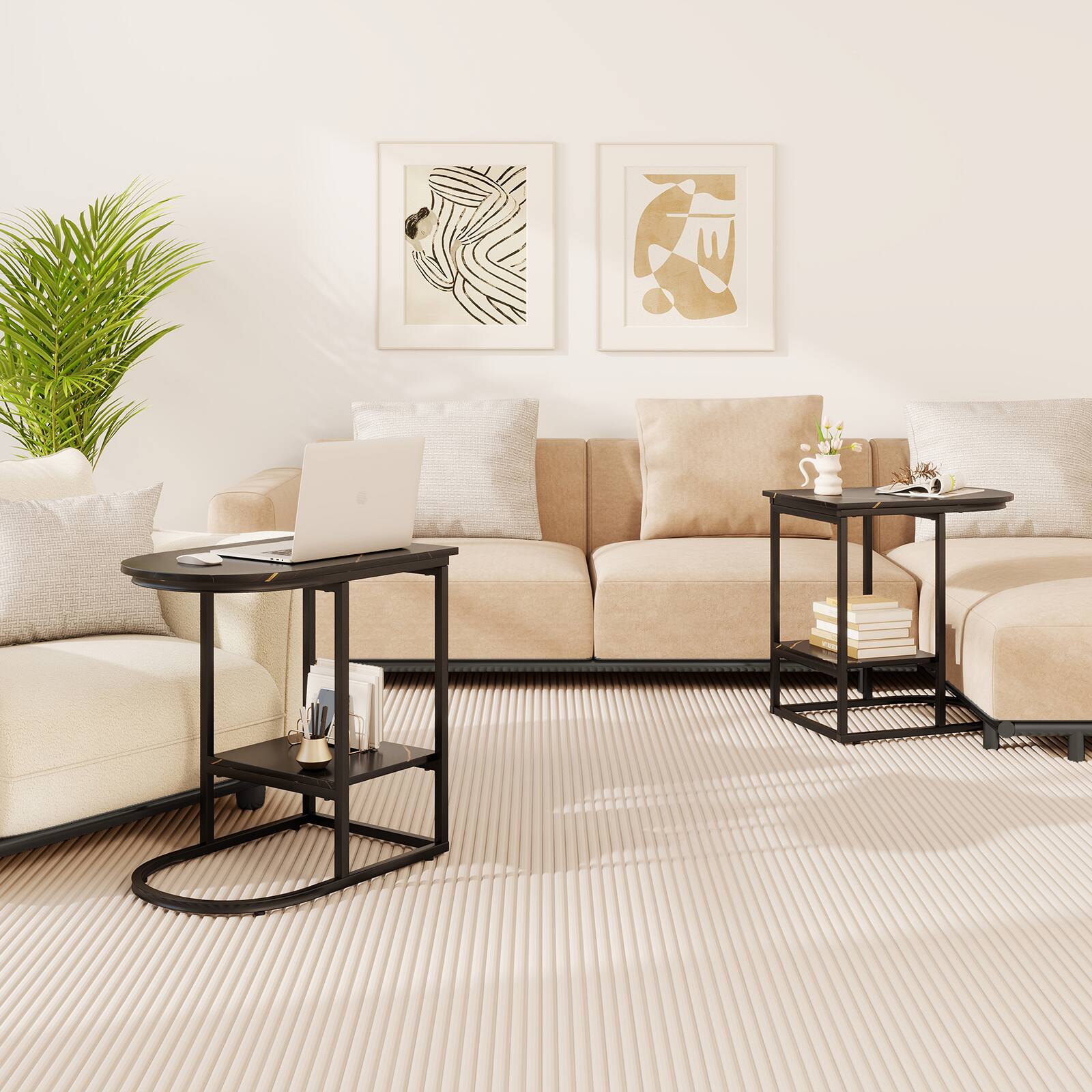 Alt View 4. Gymax - Gymax 2PCS C-Shaped Side Table Compact 2-tier Storage End Table for Small Space Black - Black.