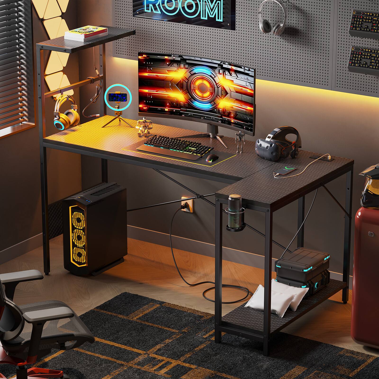 Alt View 4. RSPGAME - 57.4'' Gaming Desk with Power Outlet LED Lights Reversible Computer Desk with Shelf Holder & Hook, Gaming Table for Home - Black.