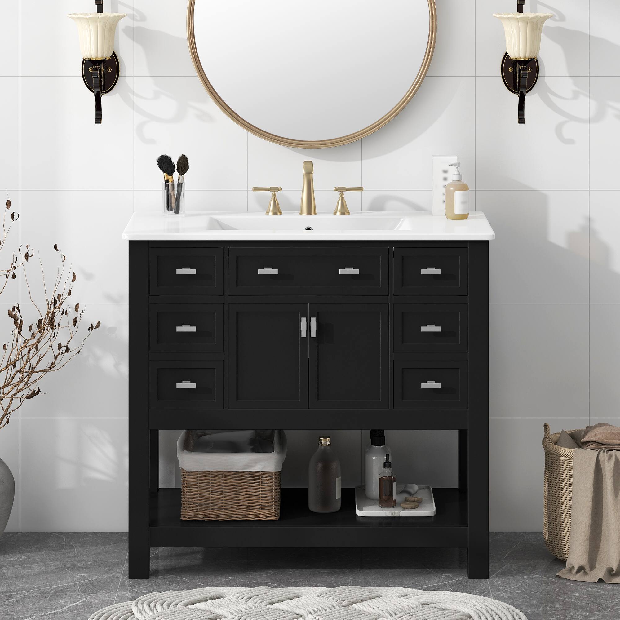 Angle. Tiramisubest - 36" Bathroom Vanity with Top Sink, Modern Bathroom Storage Cabinet with 2 Soft Closing Doors and 6 Drawers - Black.