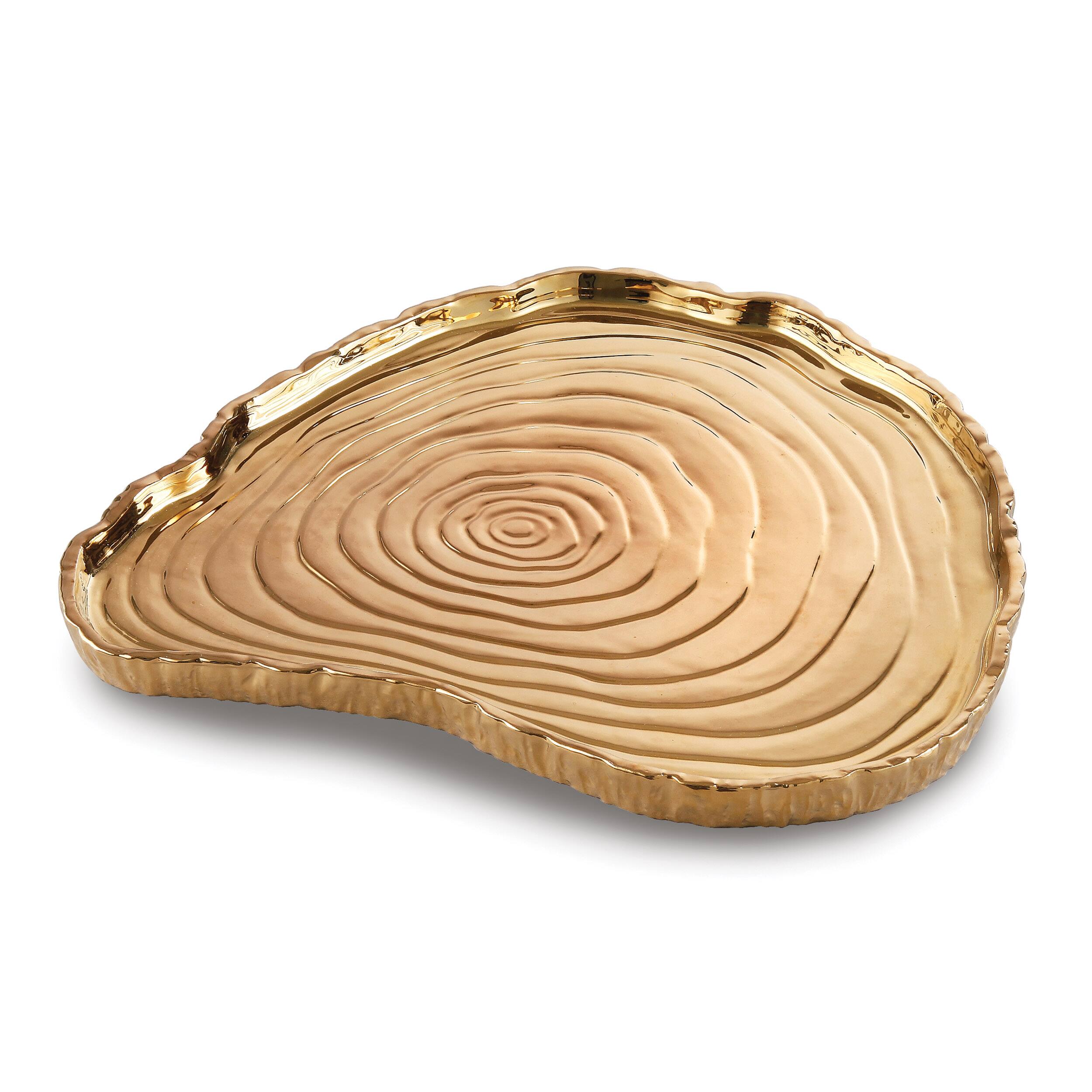 Front. Jiallo - Botanic Collection Titanium Porcelain tree bark tray 13 x 12" Gold - Color: Gold.