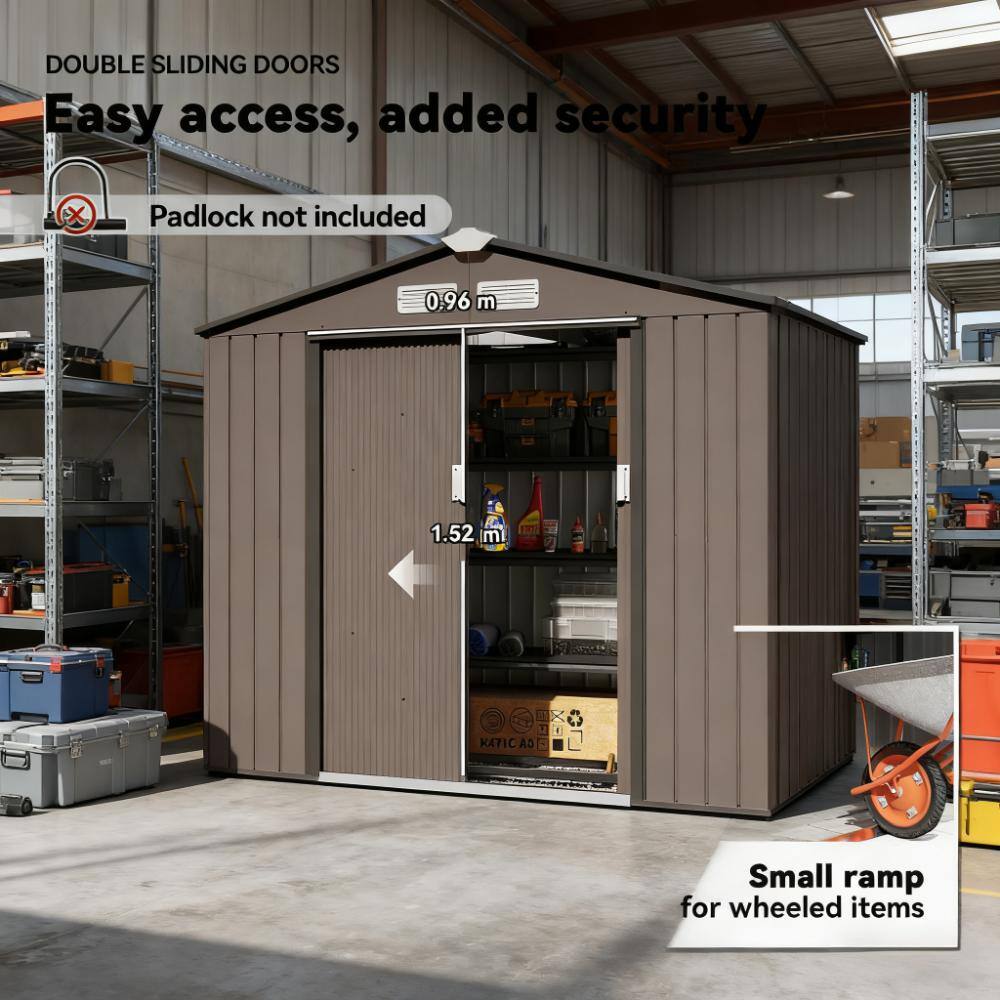 Angle. TinyHomie - Brown 83.75in L x 51.25in W x 72.75in H Outdoor Storage Shed Garden Tool House for Backyard Patio.